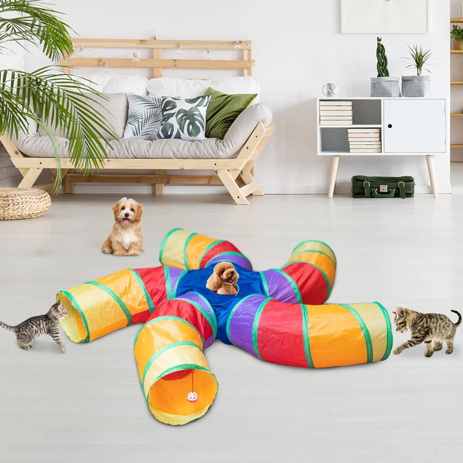 Tunnel per Gatti Interno Grande a 5 Vie con Giocattolo e Pallina, Tubo Pieghevole a Forma di S con Foro Interattivo, Ideale per Esercizi al Coperto per Gattini - immagine 6