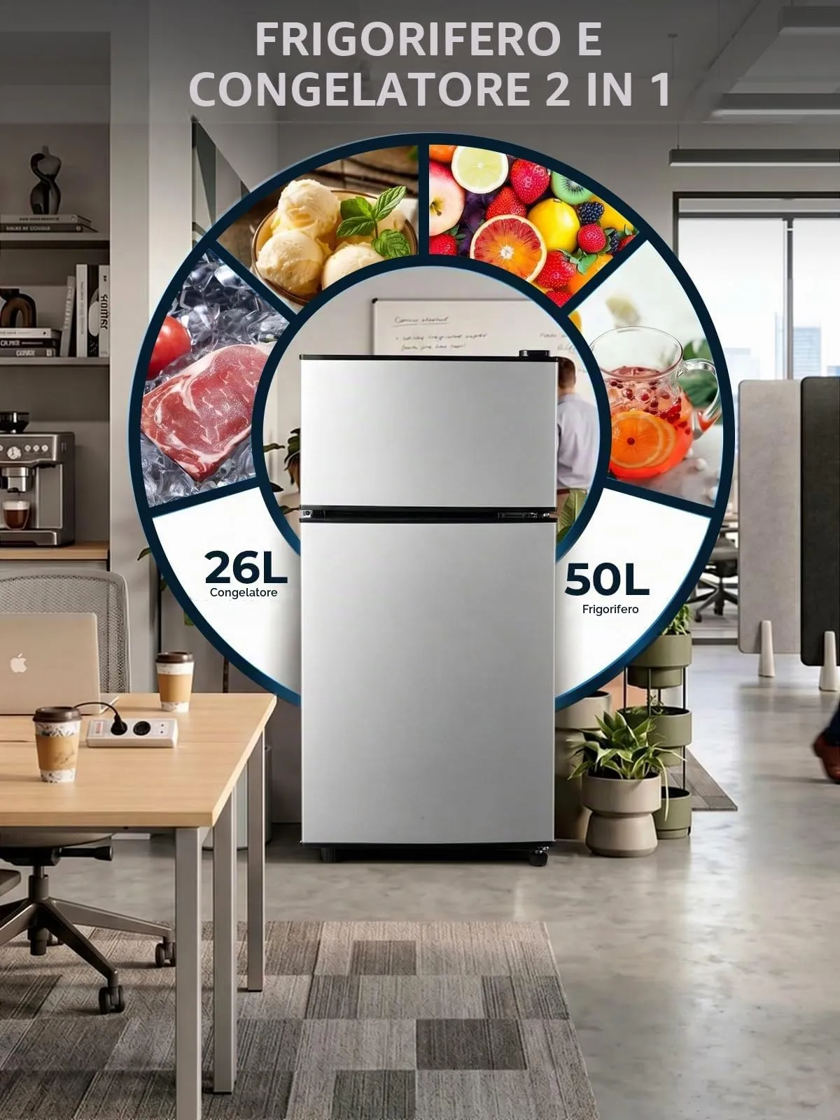 FOHERE Mini Frigorifero con Congelatore 76L, Frigo Piccolo Doppia Porta Silenzioso (50L+26L) per Camera da Letto e Monolocale, Mini Bar per Bevande e Gelati a Risparmio Energetico, 43dB - immagine 3