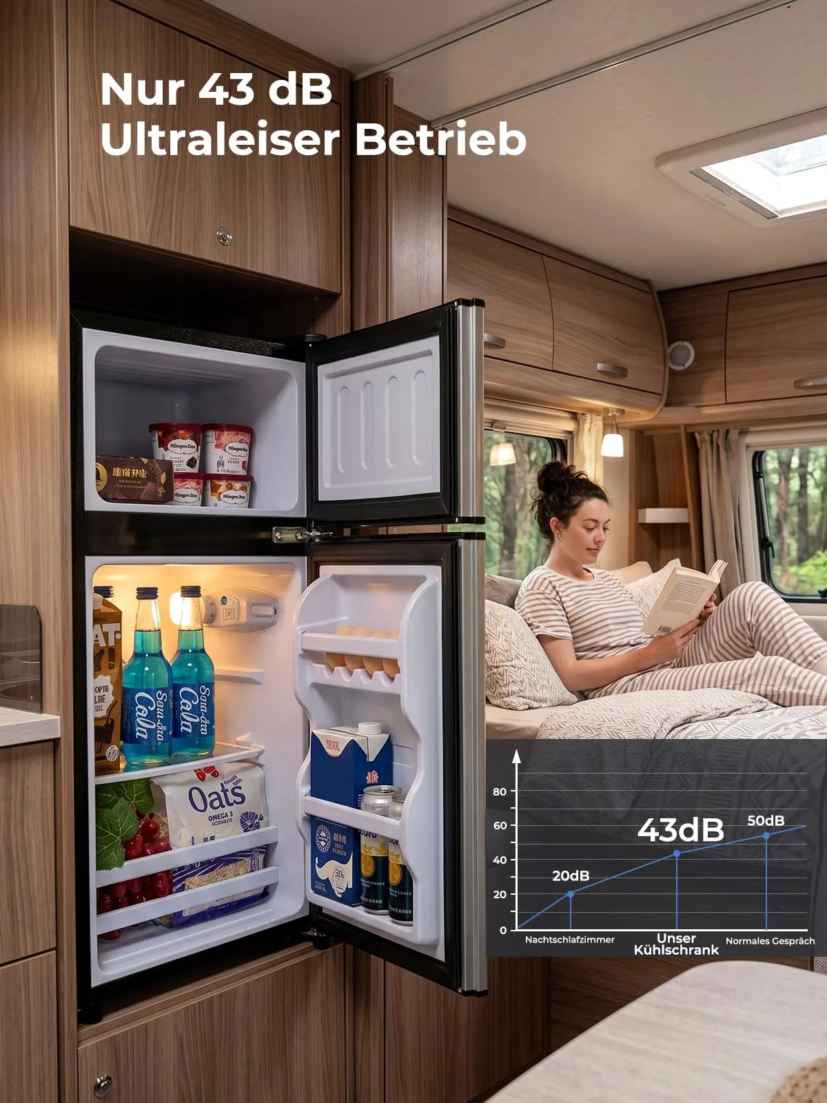 FOHERE Mini Frigorifero con Congelatore 76L, Frigo Piccolo Doppia Porta Silenzioso (50L+26L) per Camera da Letto e Monolocale, Mini Bar per Bevande e Gelati a Risparmio Energetico, 43dB - immagine 4