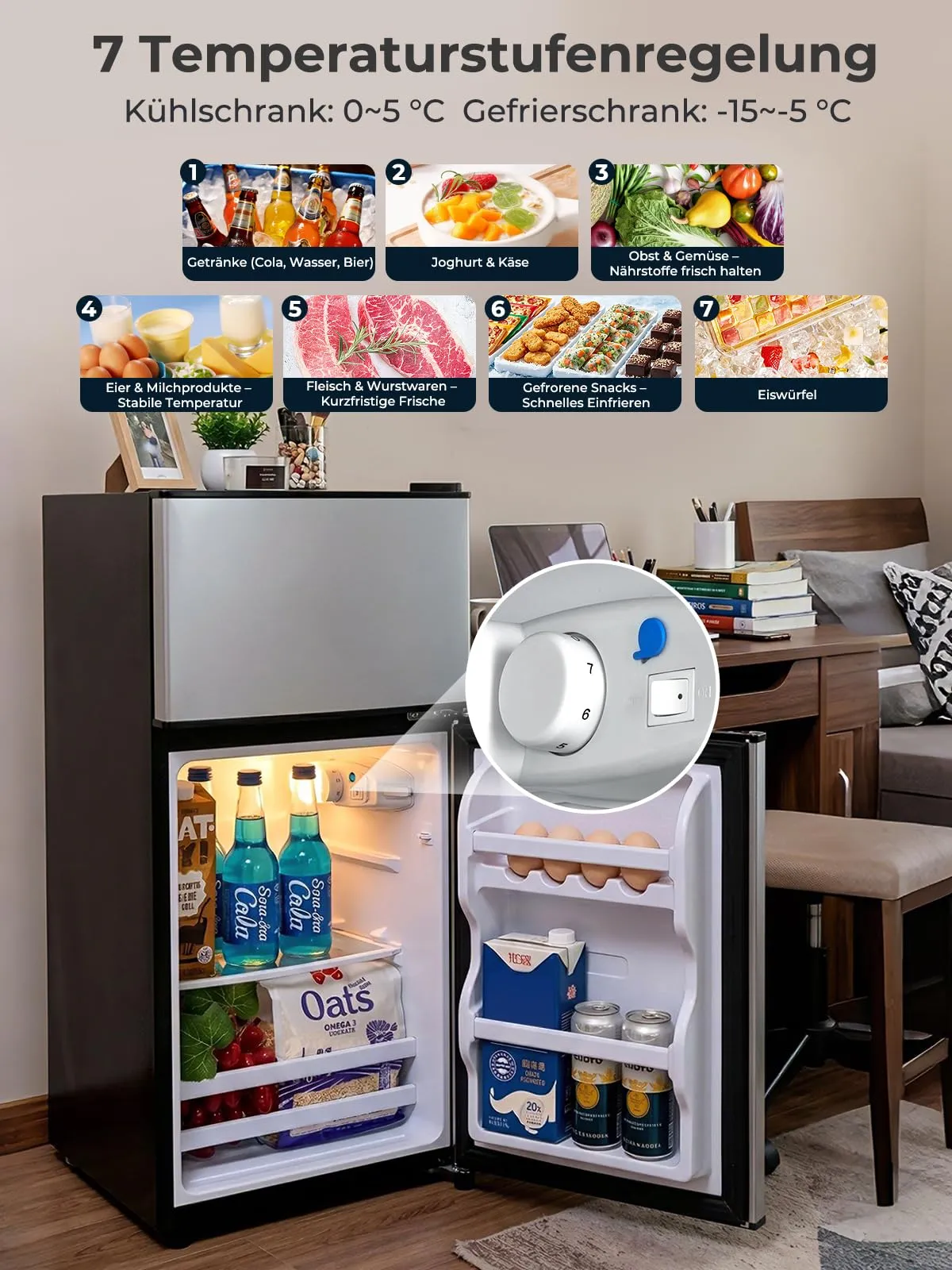 FOHERE Mini Frigorifero con Congelatore 76L, Frigo Piccolo Doppia Porta Silenzioso (50L+26L) per Camera da Letto e Monolocale, Mini Bar per Bevande e Gelati a Risparmio Energetico, 43dB - immagine 6