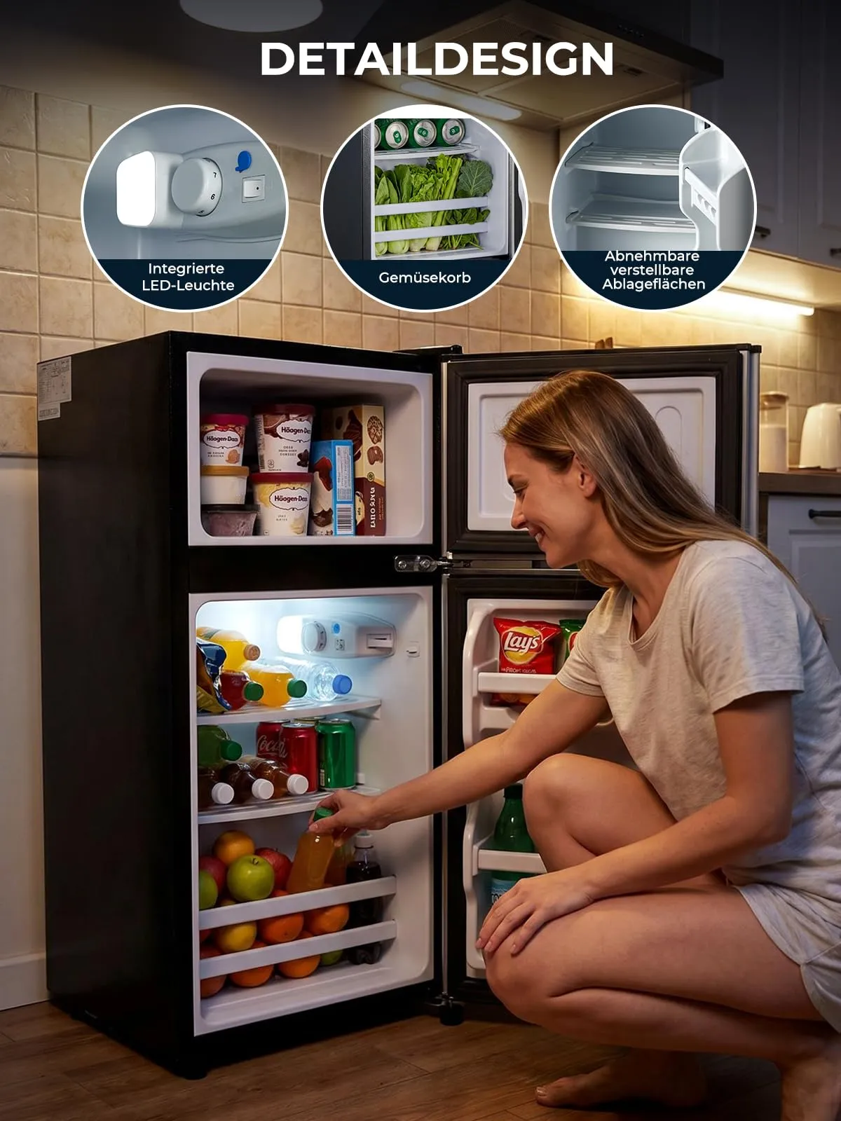 FOHERE Mini Frigorifero con Congelatore 76L, Frigo Piccolo Doppia Porta Silenzioso (50L+26L) per Camera da Letto e Monolocale, Mini Bar per Bevande e Gelati a Risparmio Energetico, 43dB - immagine 8