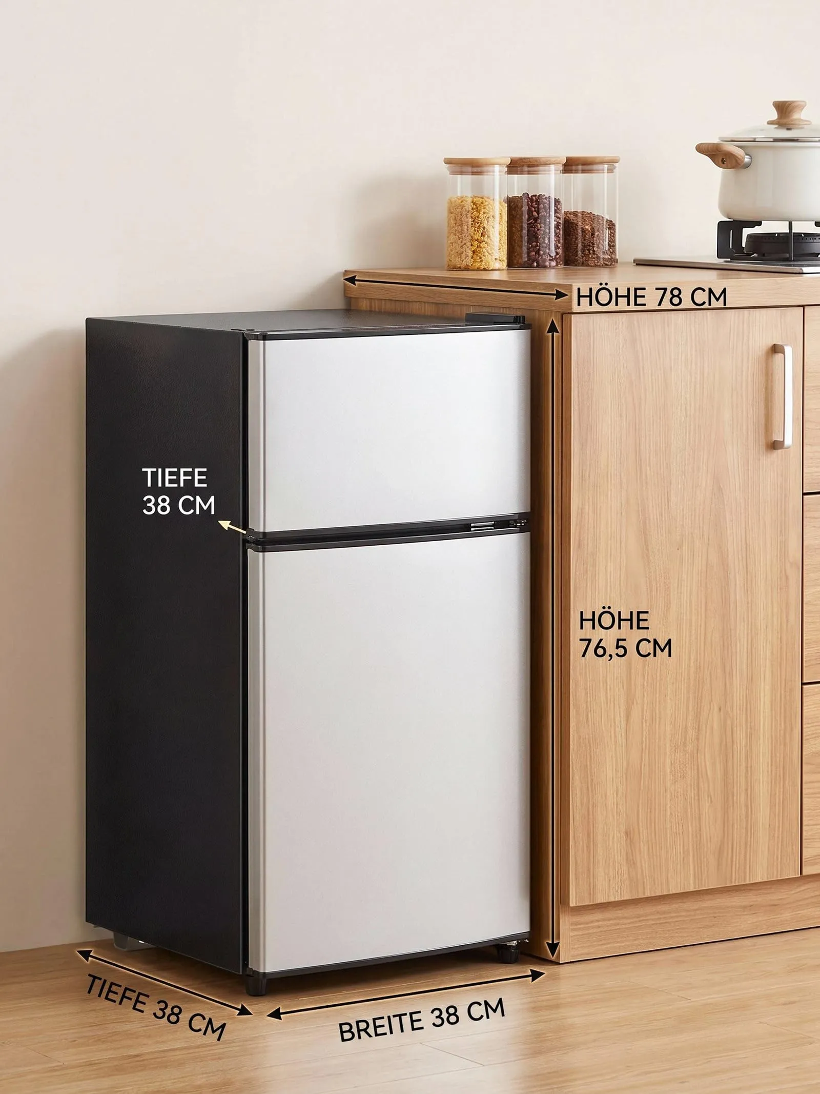 FOHERE Mini Frigorifero con Congelatore 76L, Frigo Piccolo Doppia Porta Silenzioso (50L+26L) per Camera da Letto e Monolocale, Mini Bar per Bevande e Gelati a Risparmio Energetico, 43dB - immagine 9