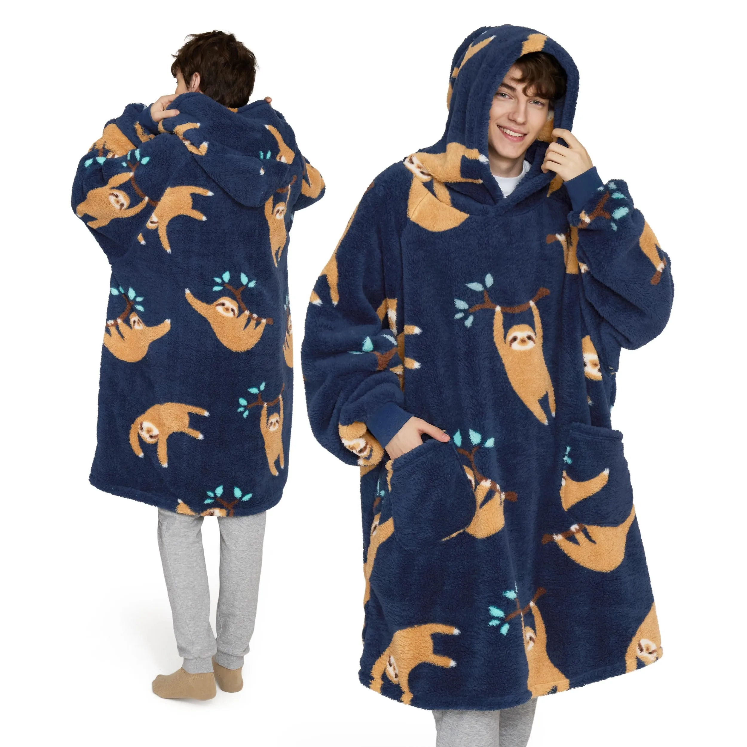 Bedsure Coperta con Cappuccio e Maniche Regalo Blu Navy - 107x90 Bradipo - immagine 1