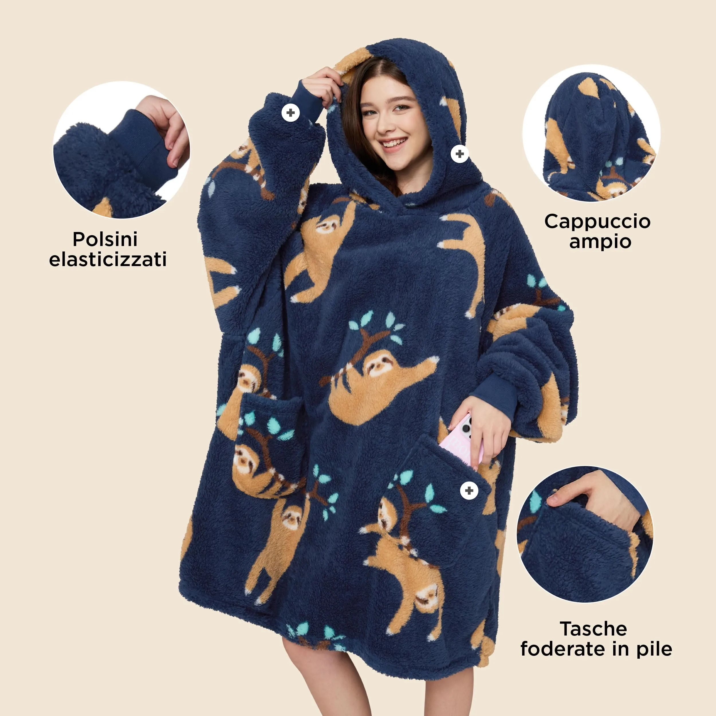 Bedsure Coperta con Cappuccio e Maniche Regalo Blu Navy - 107x90 Bradipo - immagine 2