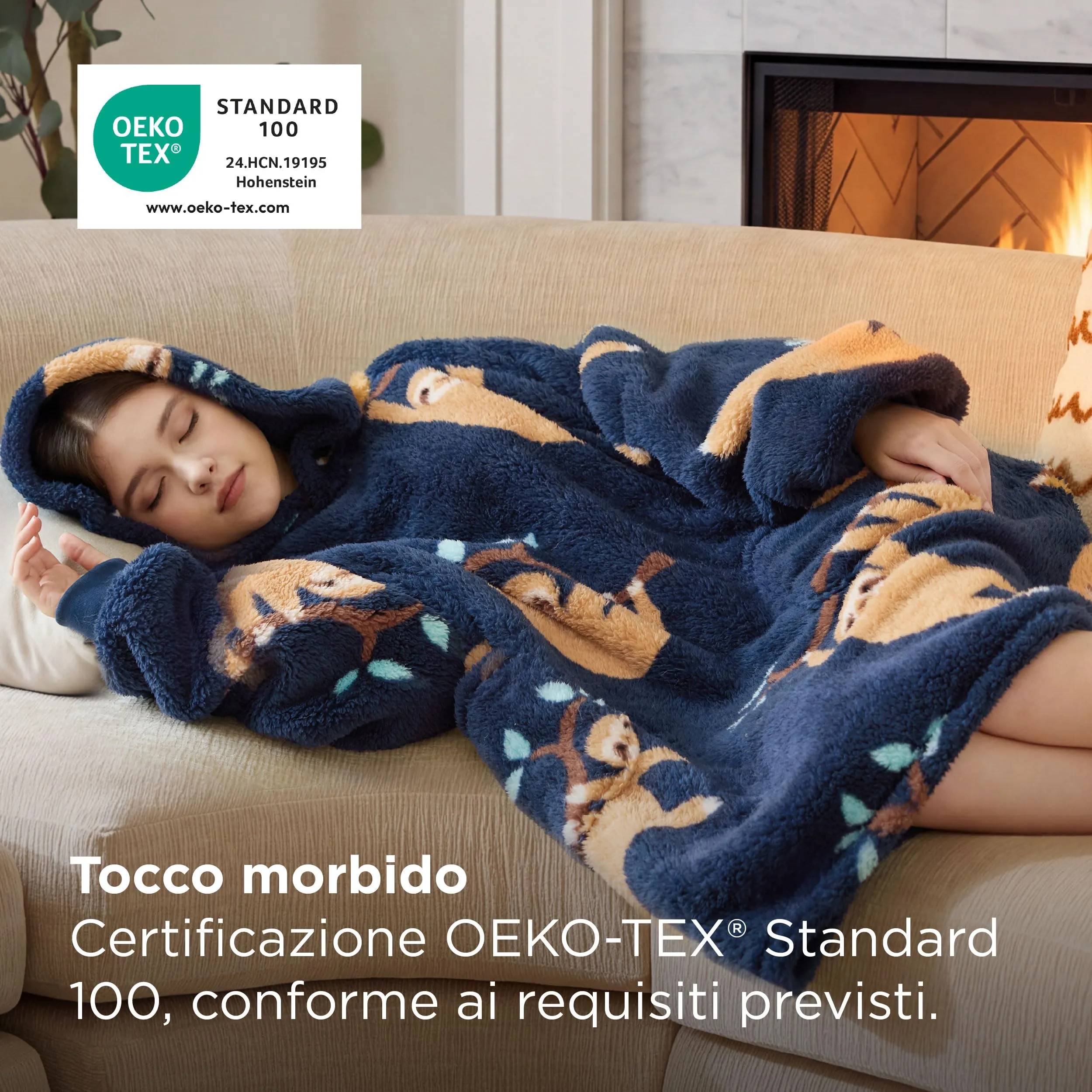 Bedsure Coperta con Cappuccio e Maniche Regalo Blu Navy - 107x90 Bradipo - immagine 3