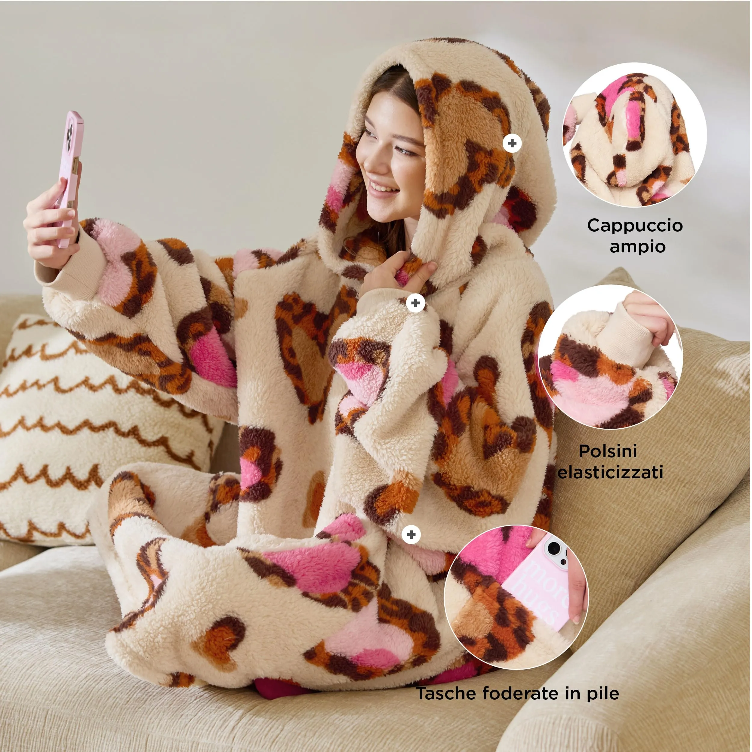 Bedsure Coperta con Cappuccio e Maniche Regalo Beige - 95x85 Leopardo - immagine 2