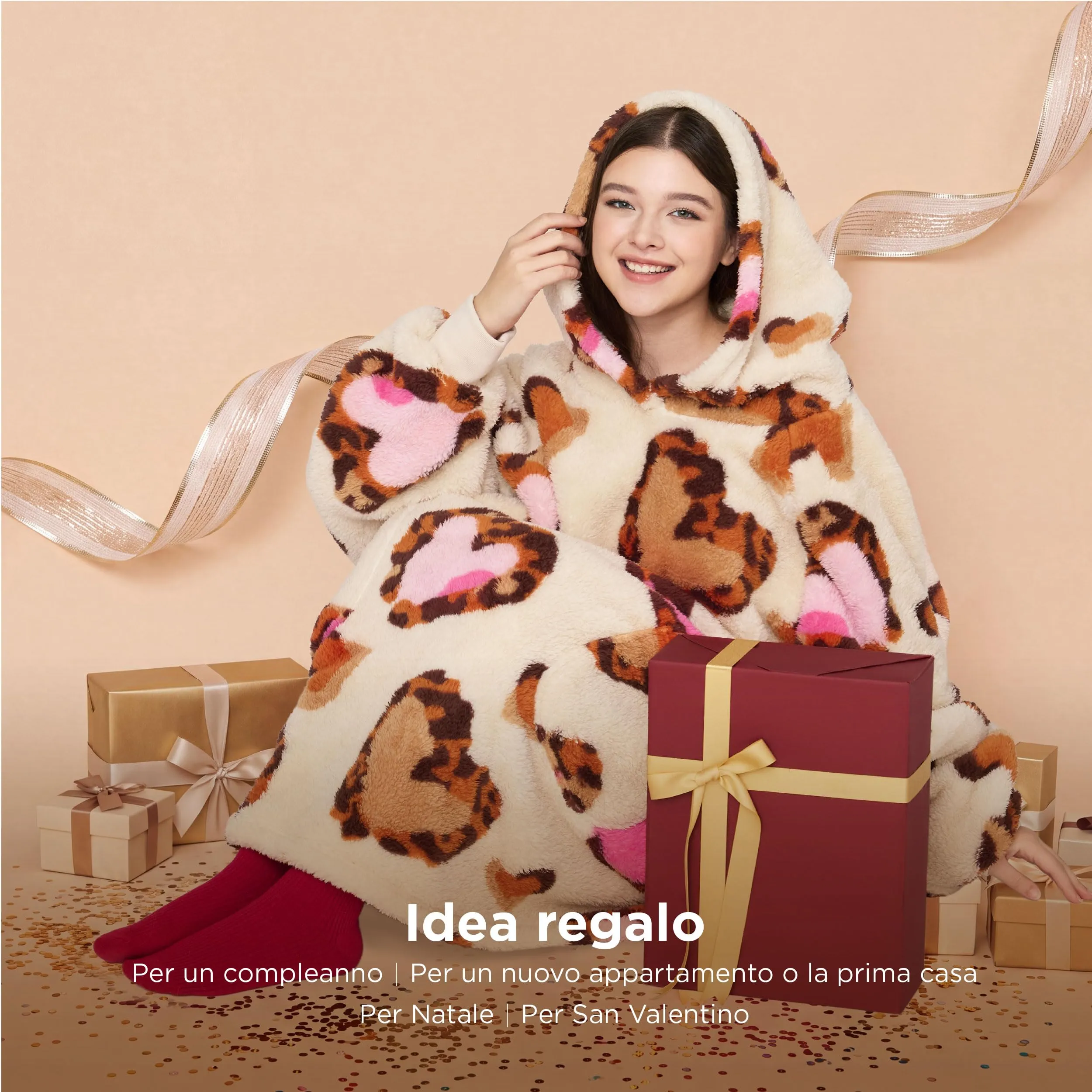 Bedsure Coperta con Cappuccio e Maniche Regalo Beige - 95x85 Leopardo - immagine 5