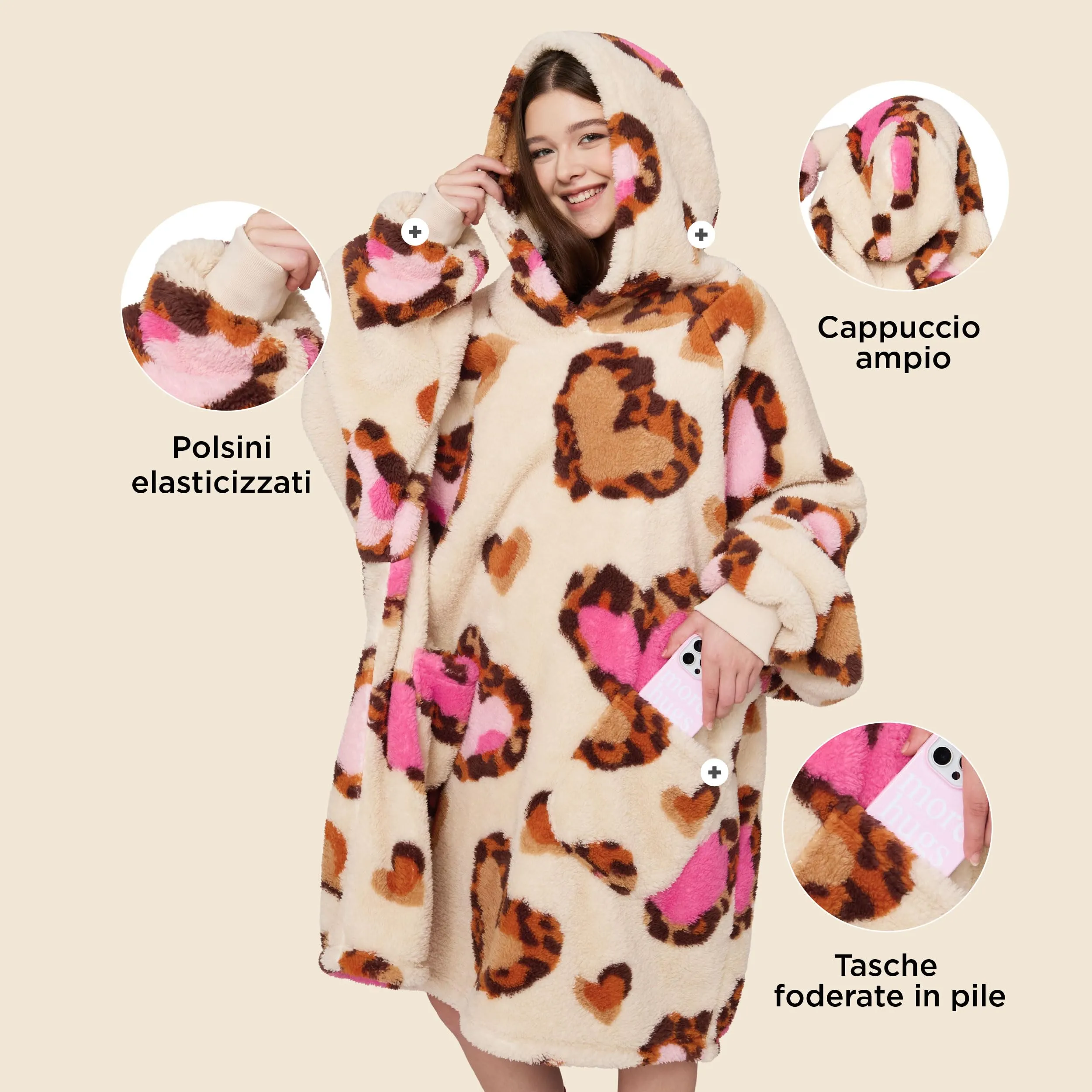 Bedsure Coperta con Cappuccio e Maniche Regalo Beige - 107x90 Leopardo - immagine 2