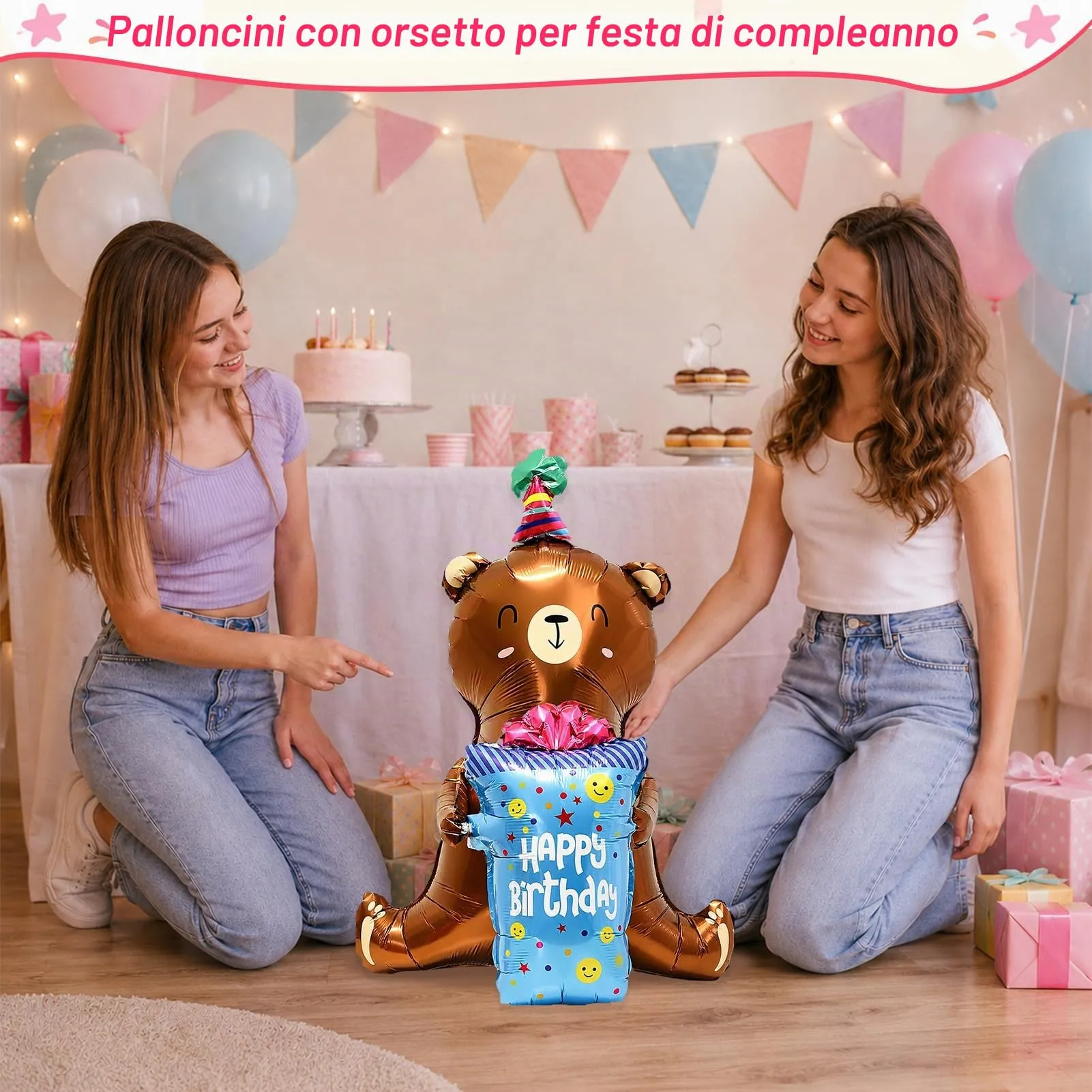 Palloncino XXL 3D con orsetto Happy Birthday,Palloncini per compleanno - immagine 4