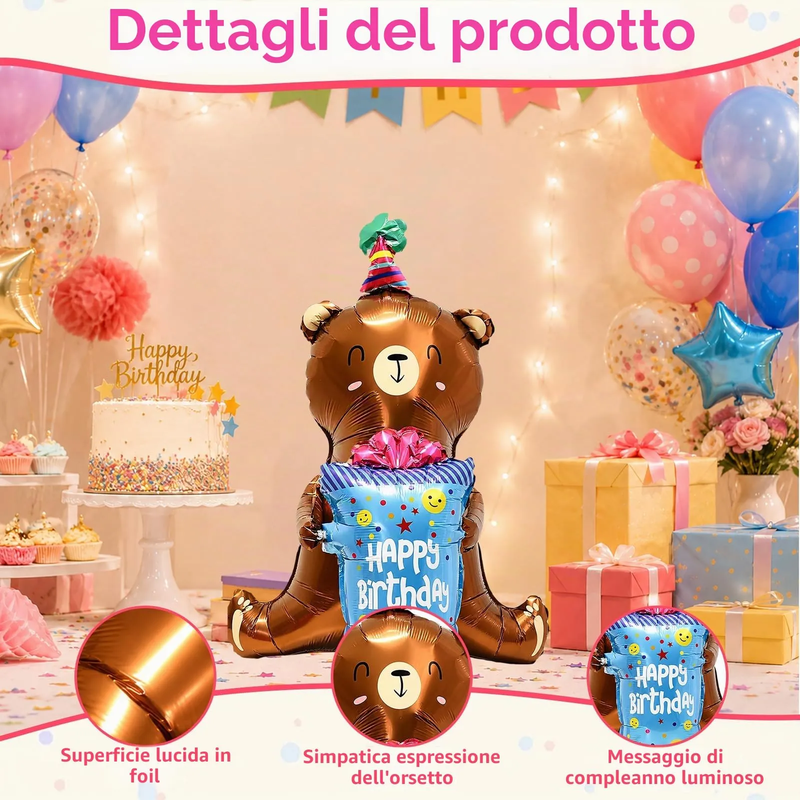 Palloncino XXL 3D con orsetto Happy Birthday,Palloncini per compleanno - immagine 5