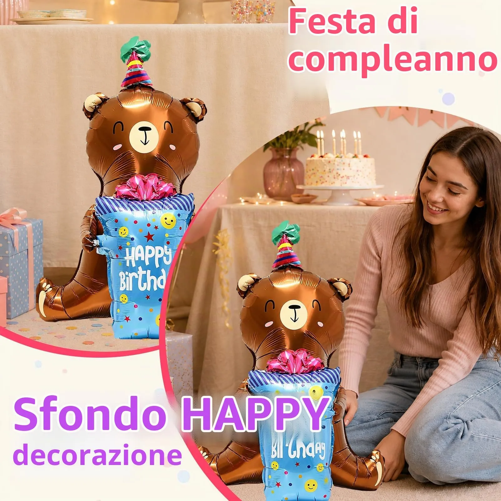 Palloncino XXL 3D con orsetto Happy Birthday,Palloncini per compleanno - immagine 6