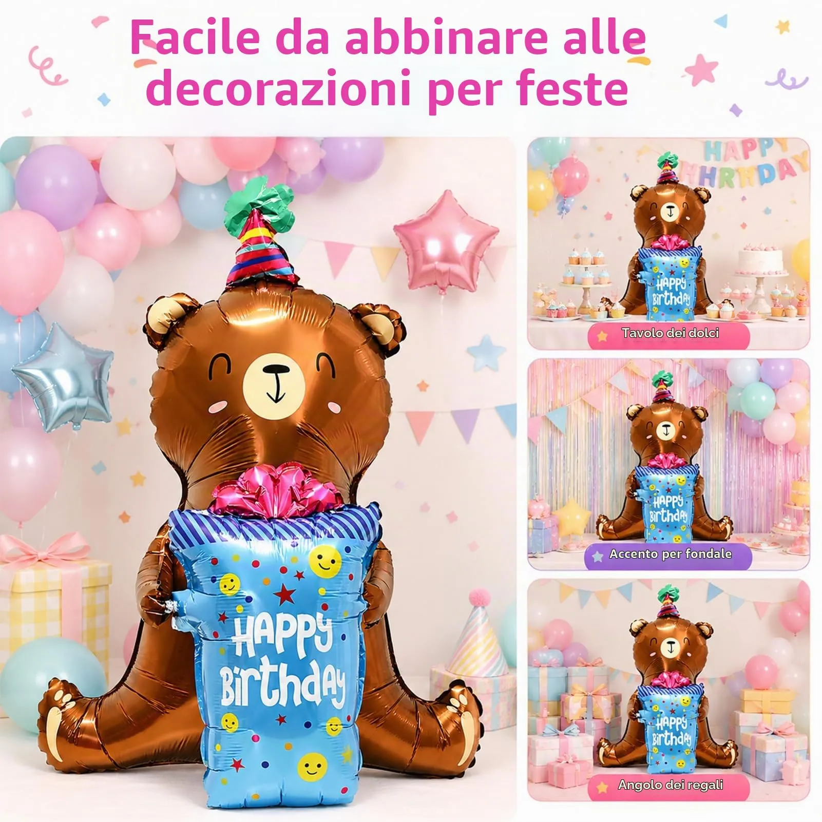 Palloncino XXL 3D con orsetto Happy Birthday,Palloncini per compleanno - immagine 7