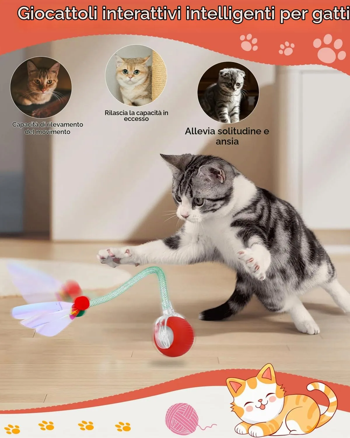 Gyxova Giocattolo interattivo per gatti, elettrico, palla automatica per gatti con USB, giocattolo intelligente per gatti per l'intrattenimento autonomo, 3 modalità e ostacoli - immagine 6