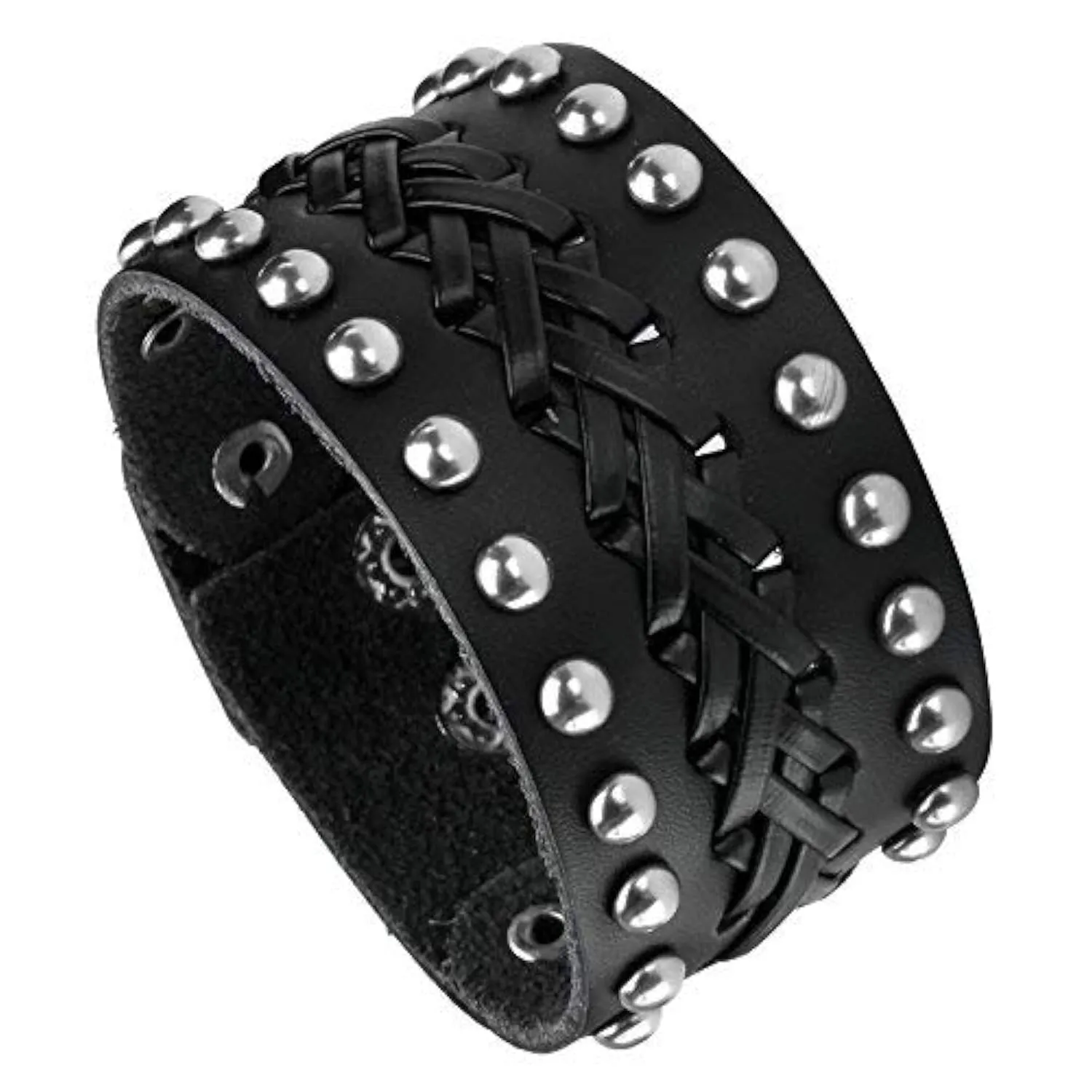 Milakoo Bracciale di pelle a fascia larga con borchie metalliche unisex nero con borchie di metallo in stile motociclista punk rock largo cintu - immagine 1