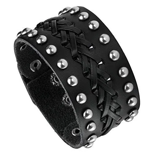 Milakoo Bracciale di pelle a fascia larga con borchie metalliche unisex nero con borchie di metallo in stile motociclista punk rock largo cintu - immagine 2