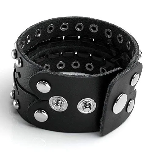 Milakoo Bracciale di pelle a fascia larga con borchie metalliche unisex nero con borchie di metallo in stile motociclista punk rock largo cintu - immagine 5