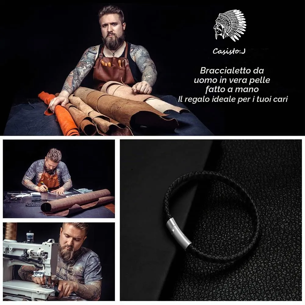 Casisto.J Bracciale pelle uomo - classico bracciale intrecciato a mano nero e marrone magnetica incisa braccialetto uomo con confezione regalo - immagine 2