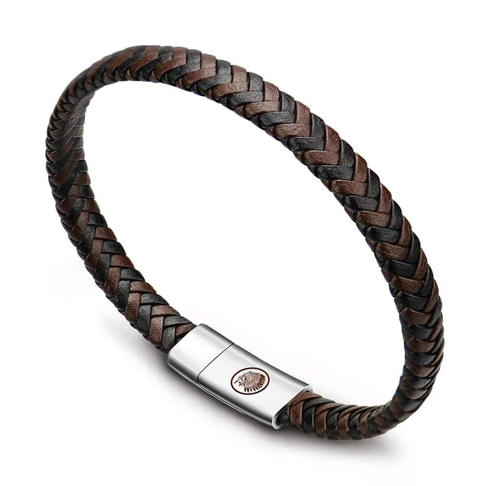 Casisto.J Bracciale pelle uomo - classico bracciale intrecciato a mano nero e marrone magnetica incisa braccialetto uomo con confezione regalo - immagine 1