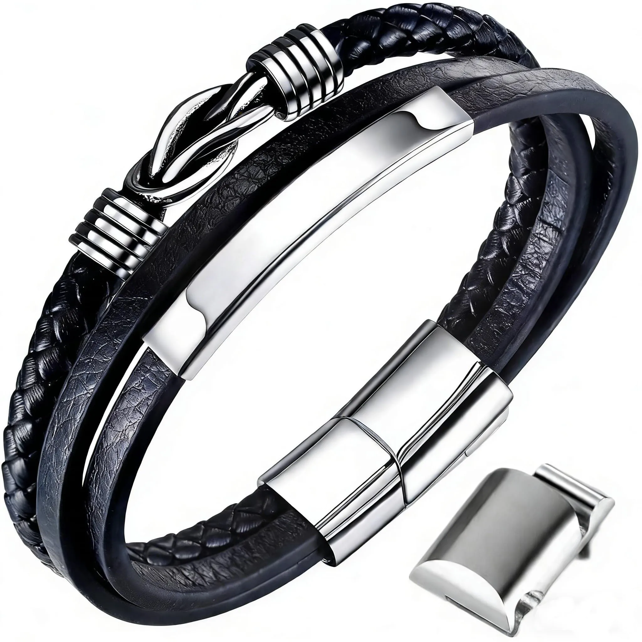 Gkmamrg Bracciale da uomo in pelle nera con cinturino in pelle Braccialetto intrecciata, in vera pelle intrecciata 22.5cm (Moderno) - immagine 1