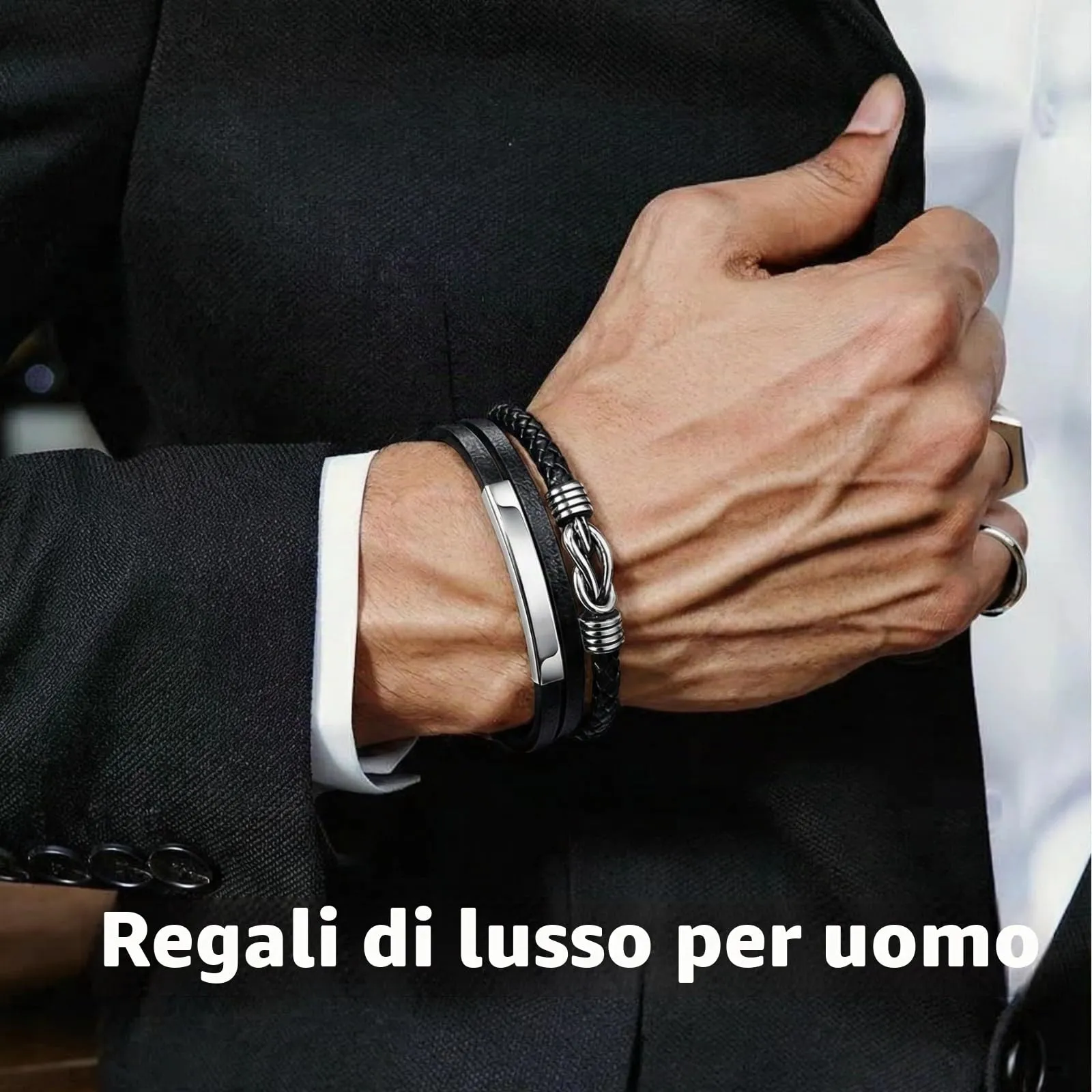 Gkmamrg Bracciale da uomo in pelle nera con cinturino in pelle Braccialetto intrecciata, in vera pelle intrecciata 22.5cm (Moderno) - immagine 2