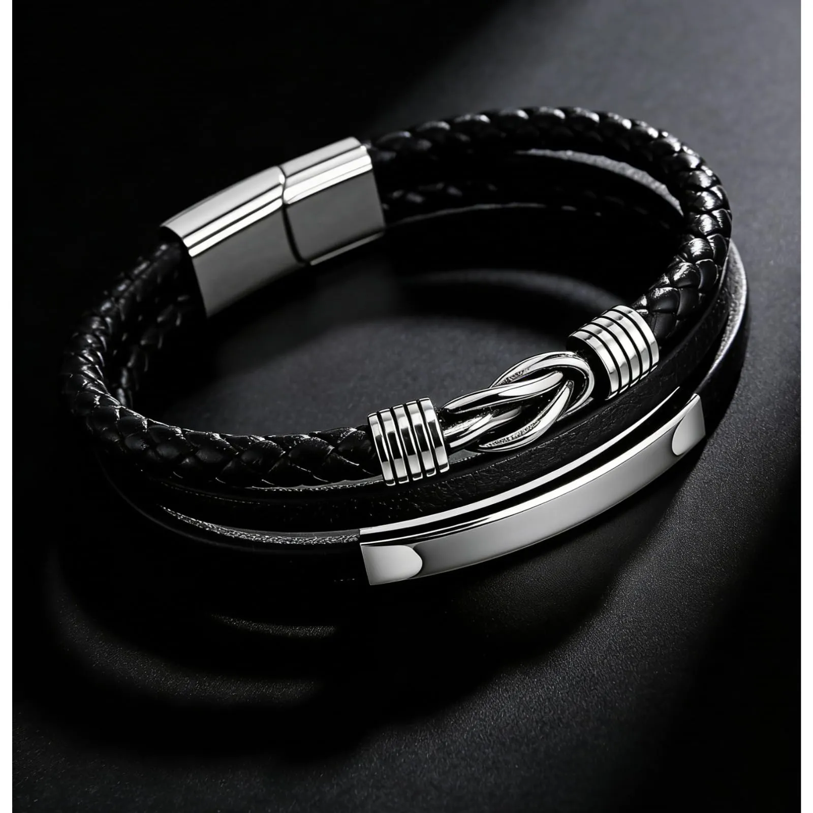 Gkmamrg Bracciale da uomo in pelle nera con cinturino in pelle Braccialetto intrecciata, in vera pelle intrecciata 22.5cm (Moderno) - immagine 4