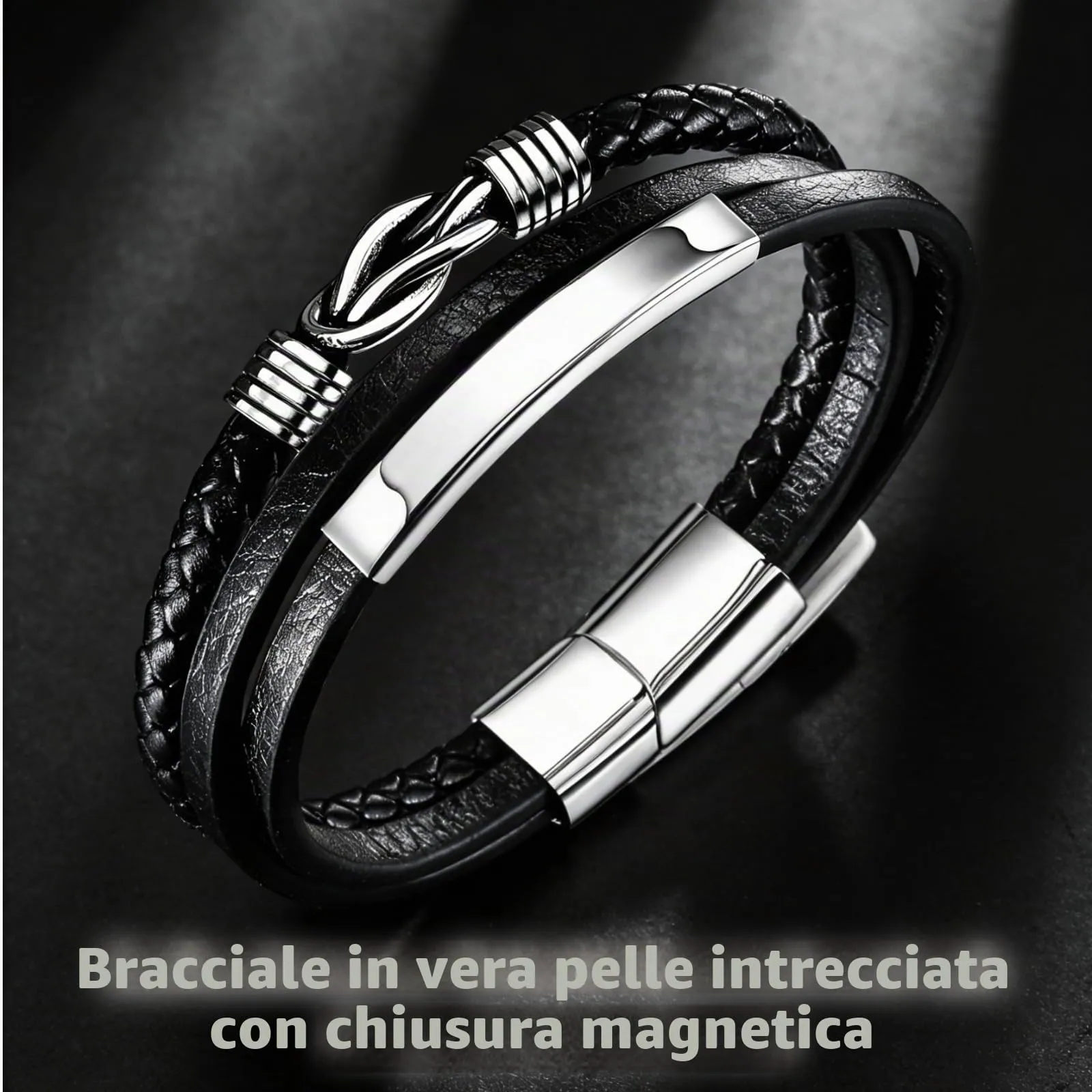 Gkmamrg Bracciale da uomo in pelle nera con cinturino in pelle Braccialetto intrecciata, in vera pelle intrecciata 22.5cm (Moderno) - immagine 5