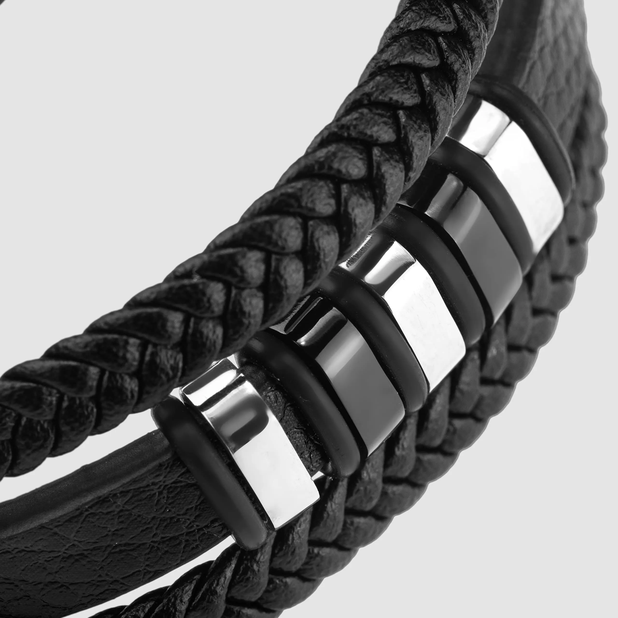 SERASAR Bracciale Uomo Cuoio Braccialetto Pelle Nera Intrecciato Inox 17cm - immagine 8