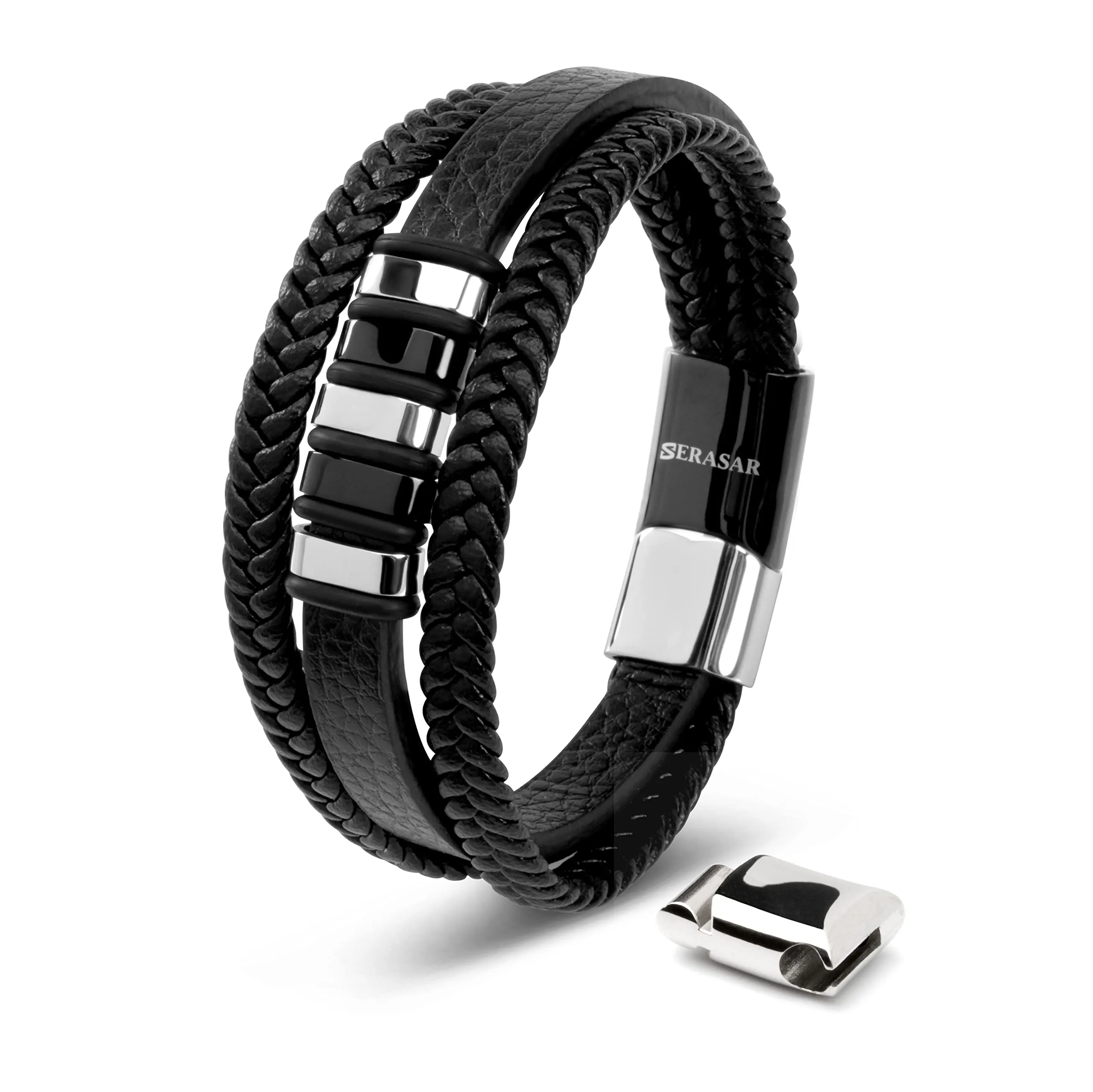 SERASAR Bracciale Uomo Cuoio Braccialetto Pelle Nera Regalo Gioielli 23cm - immagine 1