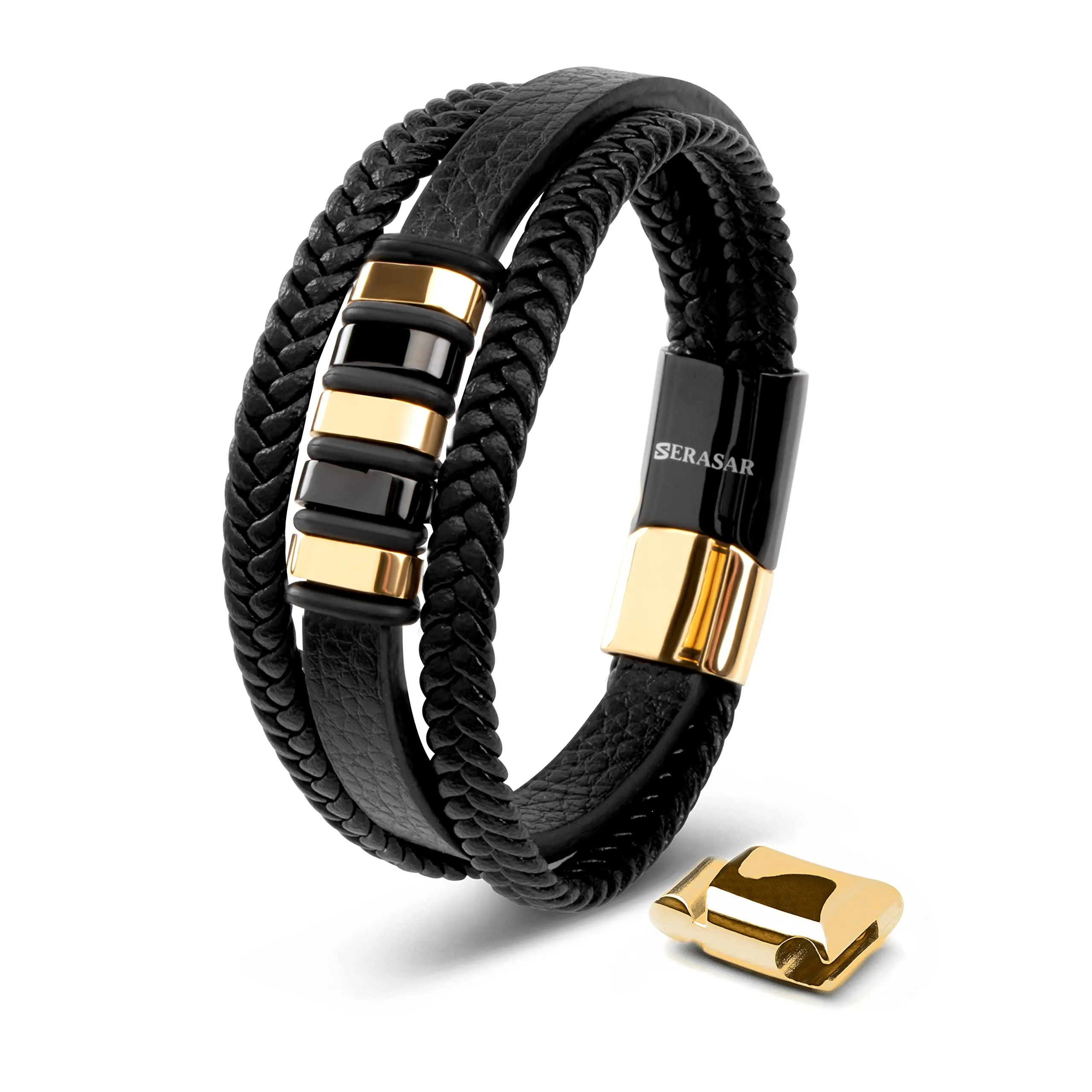 SERASAR Bracciale Uomo Cuoio Braccialetto Pelle Nera Regalo Gioielli 23cm - immagine 1