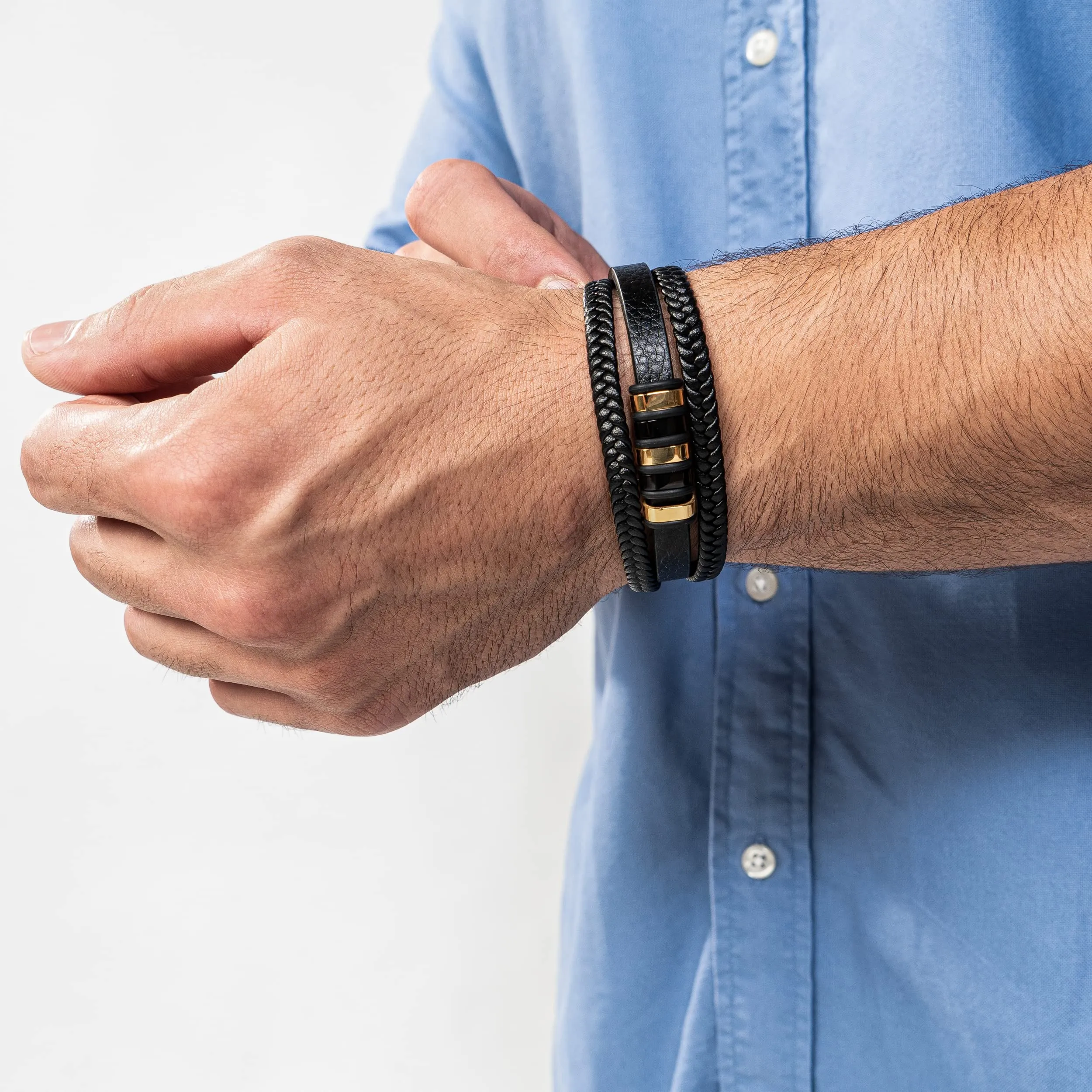SERASAR Bracciale Uomo Cuoio Braccialetto Pelle Nera Regalo Gioielli 23cm - immagine 3