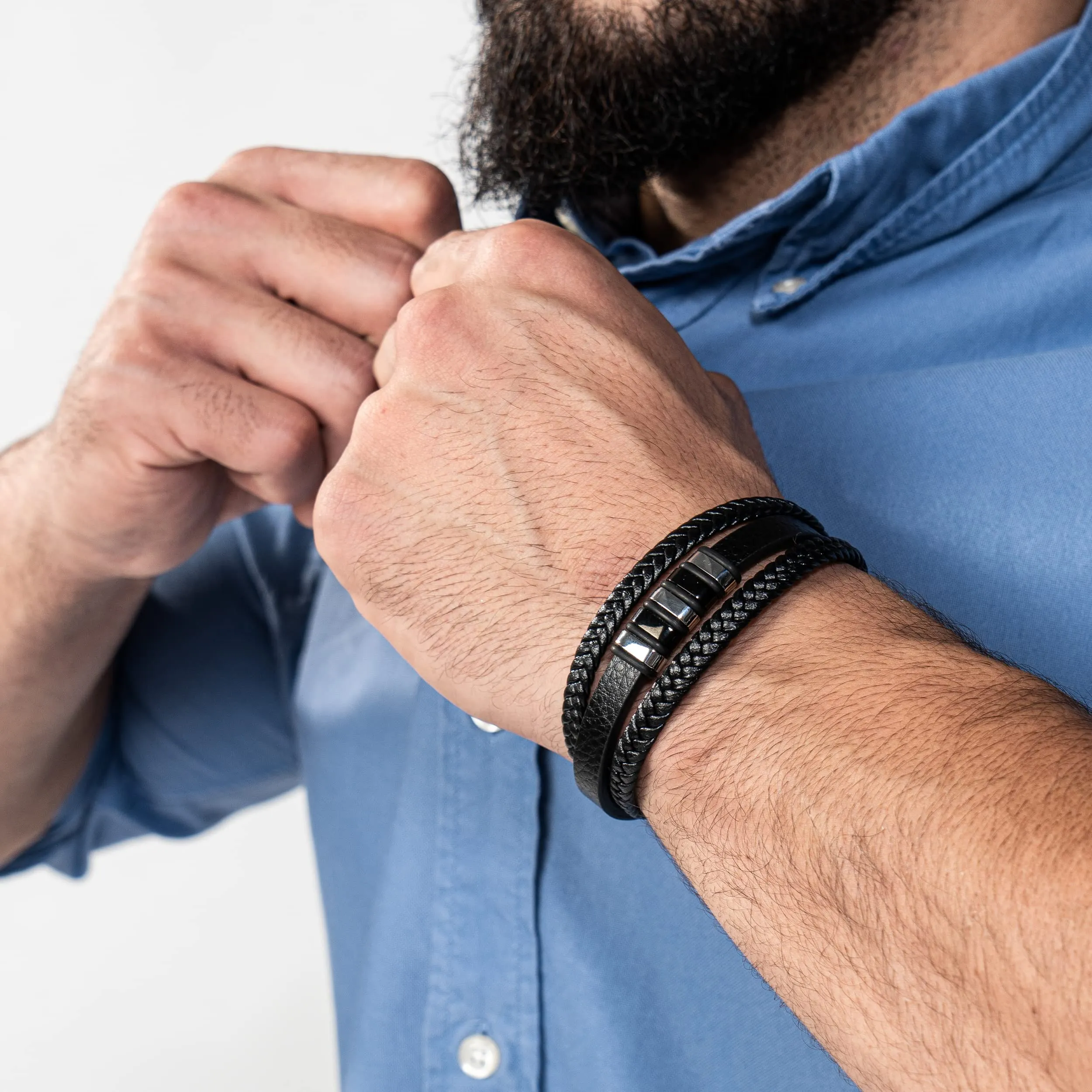 SERASAR Bracciale Uomo Cuoio Braccialetto Pelle Nera Acciaio Argento 20cm - immagine 3
