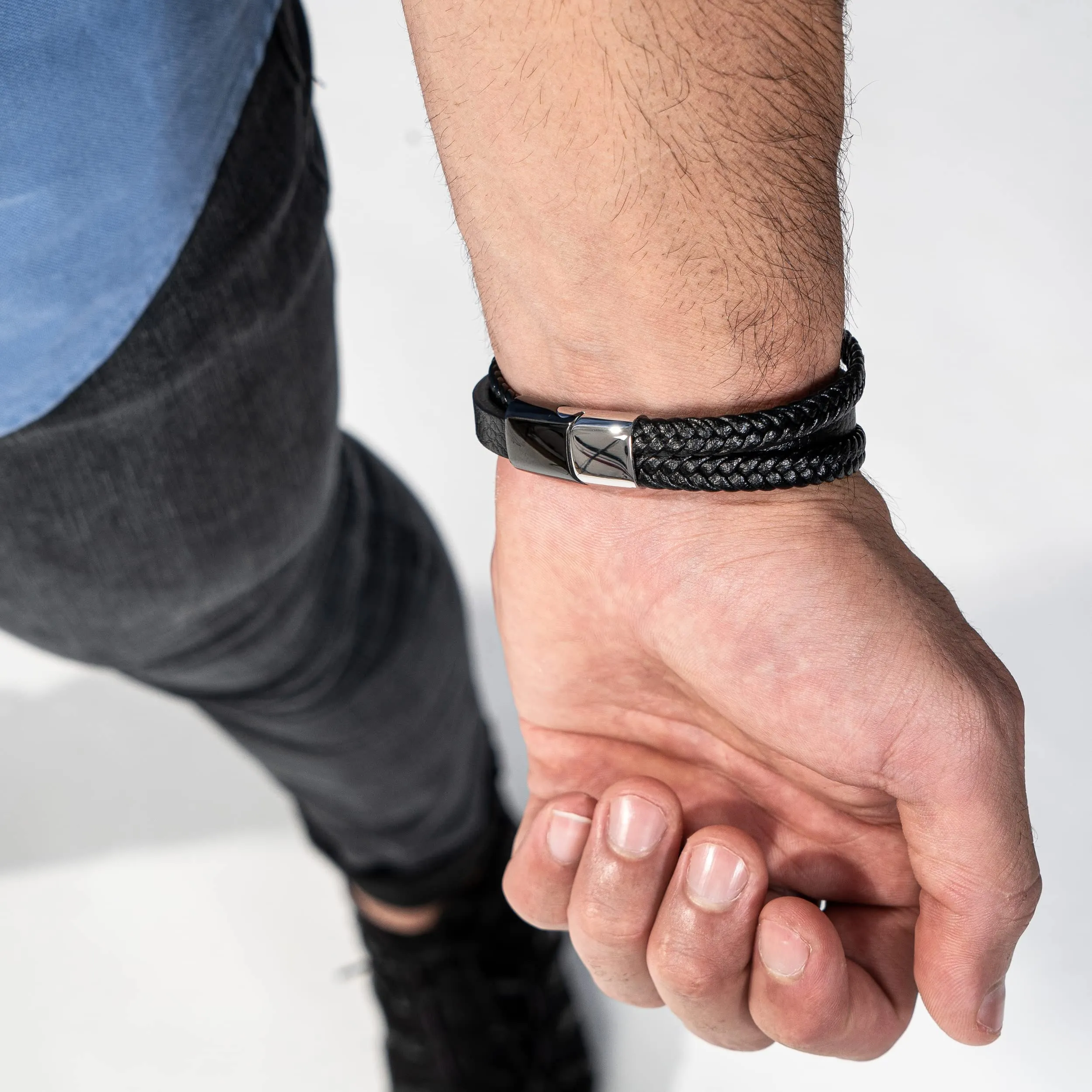 SERASAR Bracciale Uomo Cuoio Braccialetto Pelle Nera Acciaio Argento 20cm - immagine 4