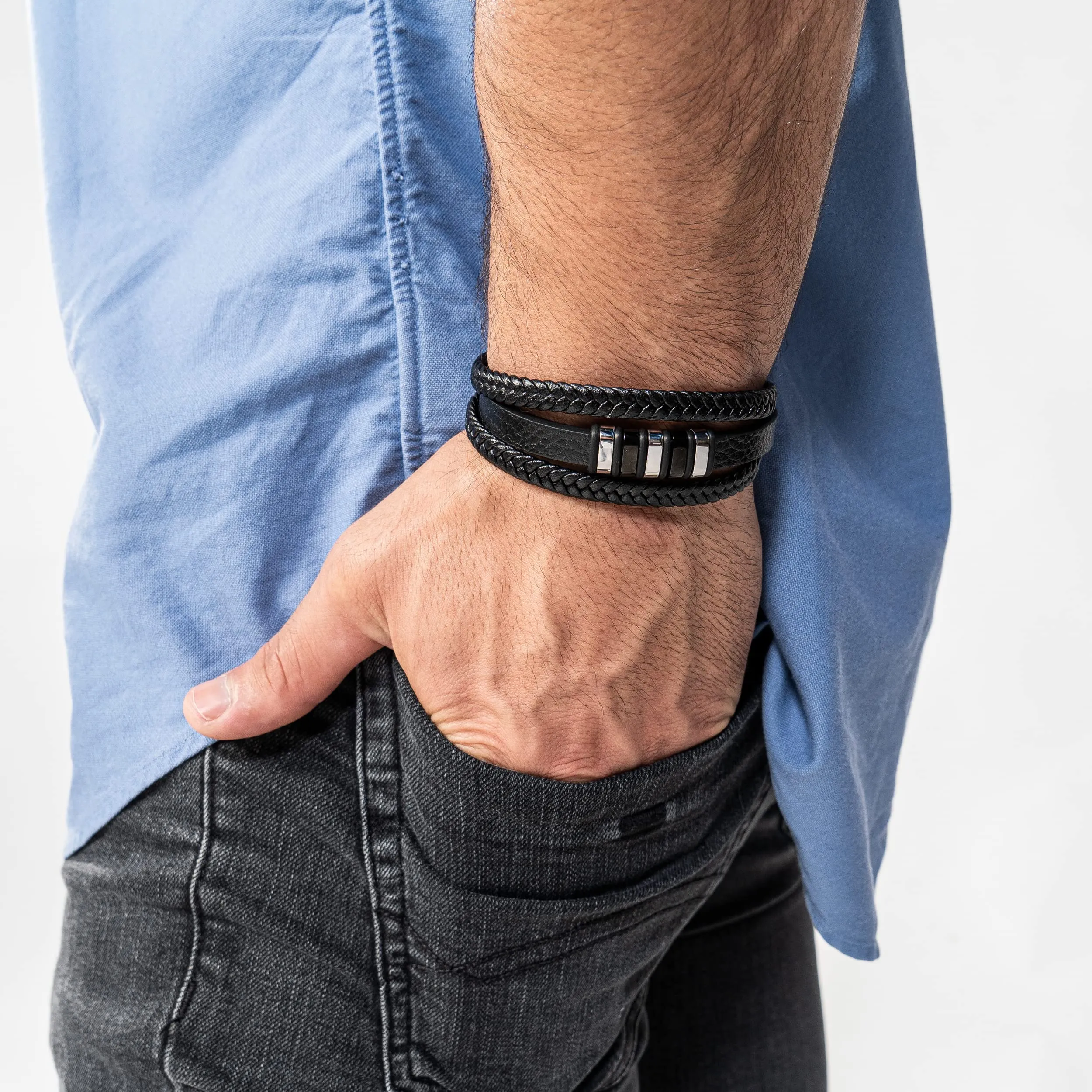 SERASAR Bracciale Uomo Cuoio Braccialetto Pelle Nera Acciaio Argento 20cm - immagine 5