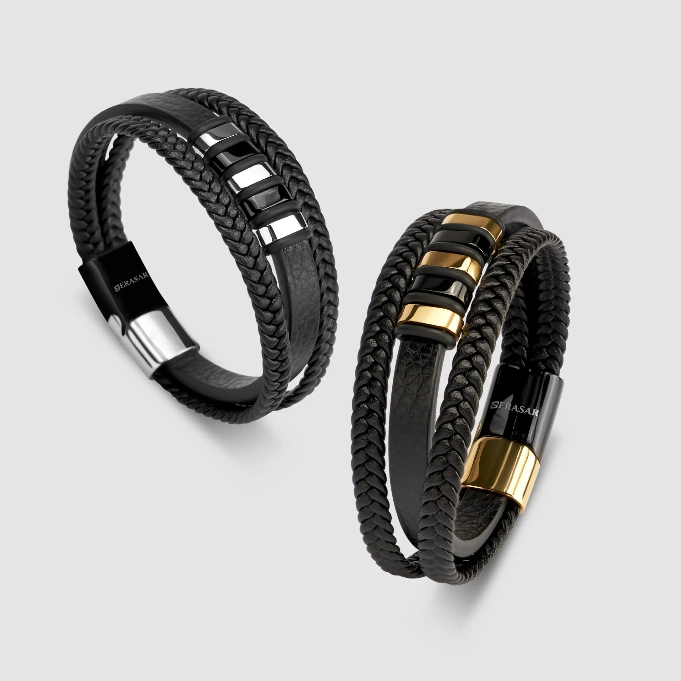 SERASAR Bracciale Uomo Cuoio Braccialetto Pelle Nera Acciaio Oro Papa 20cm - immagine 7