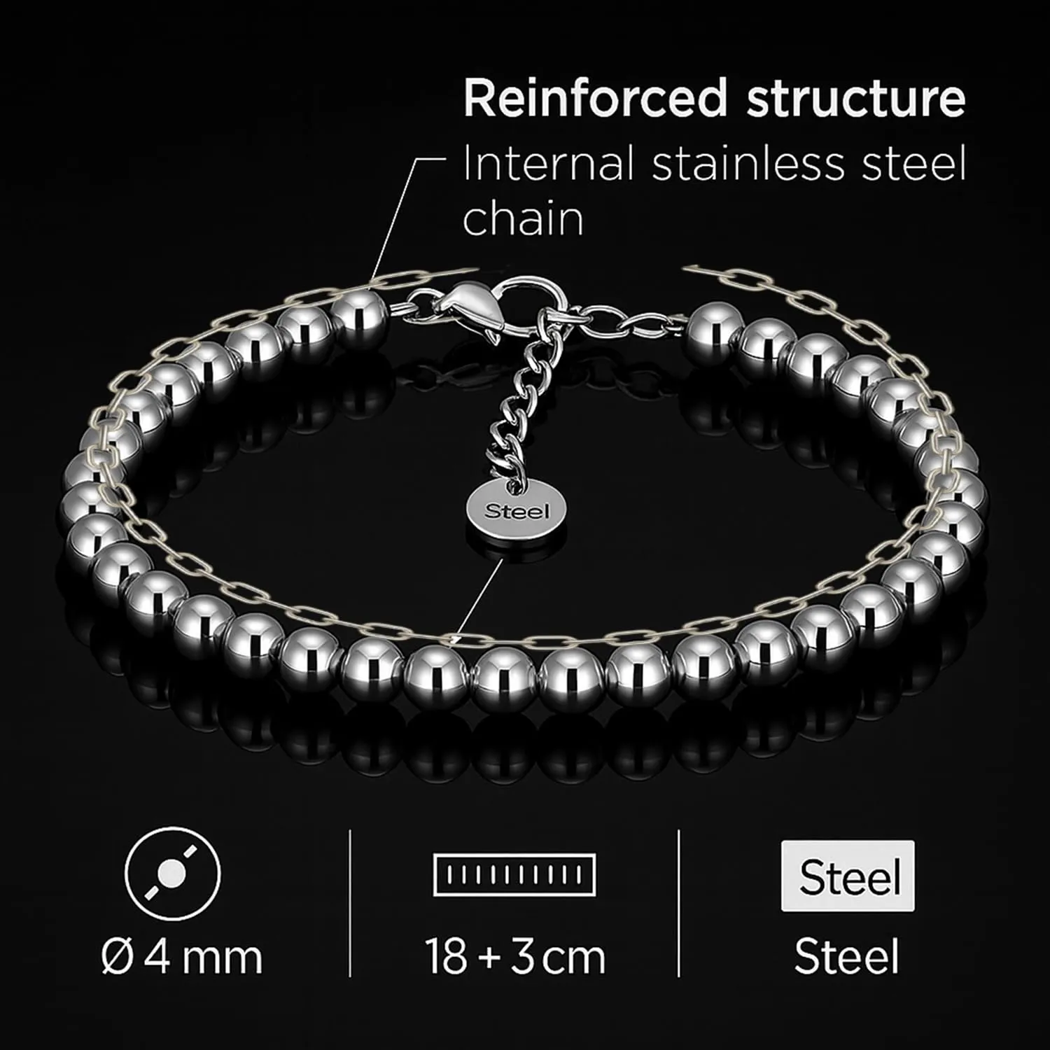 SAGA GIOIELLI® BRACCIALE SFERE ARGENTATE ACCIAIO 4 MM - immagine 5