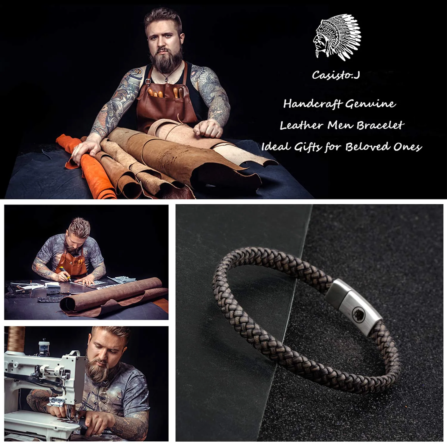 Casisto.J Bracciale pelle uomo - classico bracciale intrecciato a mano nero e marrone magnetica incisa braccialetto uomo con confezione regalo - immagine 2