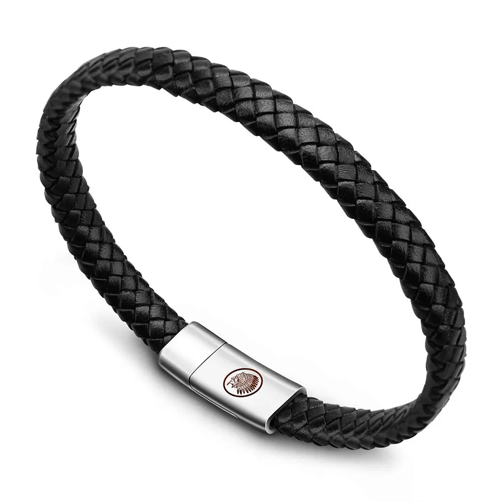 Casisto.J Bracciale pelle uomo - classico bracciale intrecciato a mano nero e marrone magnetica incisa braccialetto uomo con confezione regalo - immagine 1