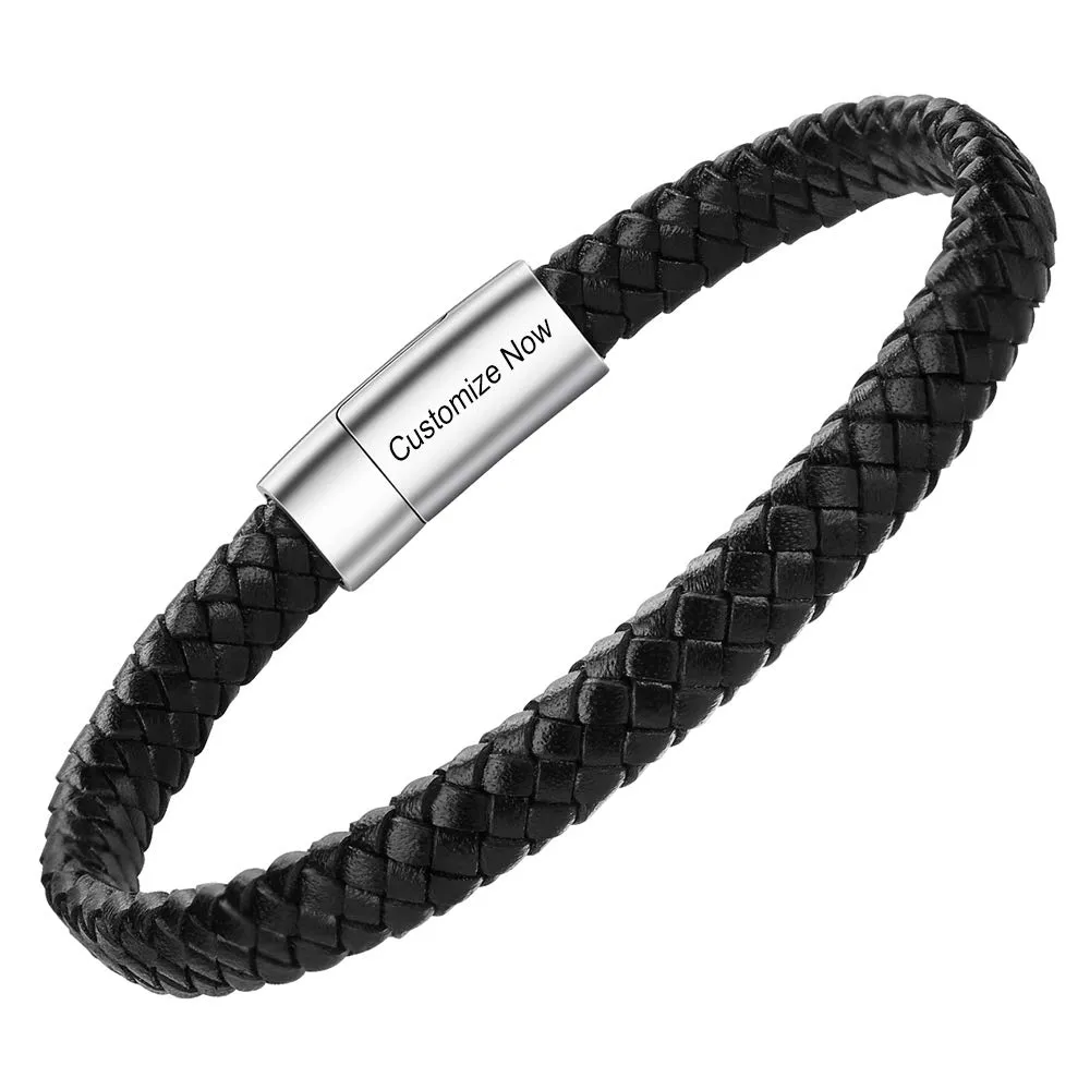 Casisto.J Bracciale pelle uomo - classico bracciale intrecciato a mano nero e marrone magnetica incisa braccialetto uomo con confezione regalo - immagine 1