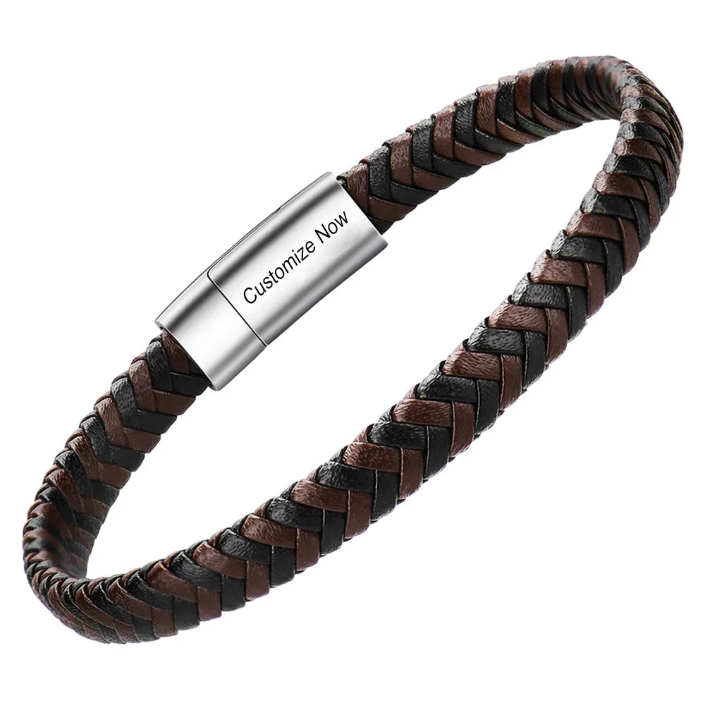 Casisto.J Bracciale pelle uomo - classico bracciale intrecciato a mano nero e marrone magnetica incisa braccialetto uomo con confezione regalo - immagine 1