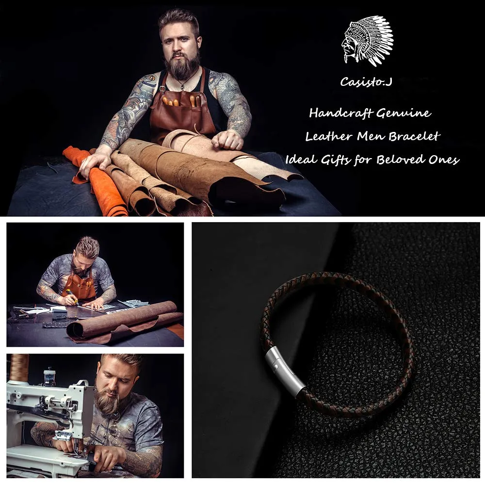 Casisto.J Bracciale pelle uomo - classico bracciale intrecciato a mano nero e marrone magnetica incisa braccialetto uomo con confezione regalo - immagine 2