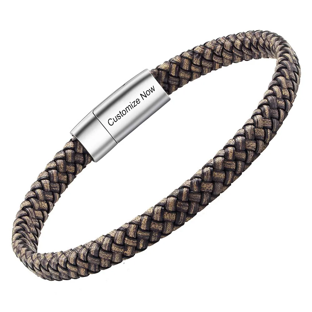 Casisto.J Bracciale pelle uomo - classico bracciale intrecciato a mano nero e marrone magnetica incisa braccialetto uomo con confezione regalo - immagine 1