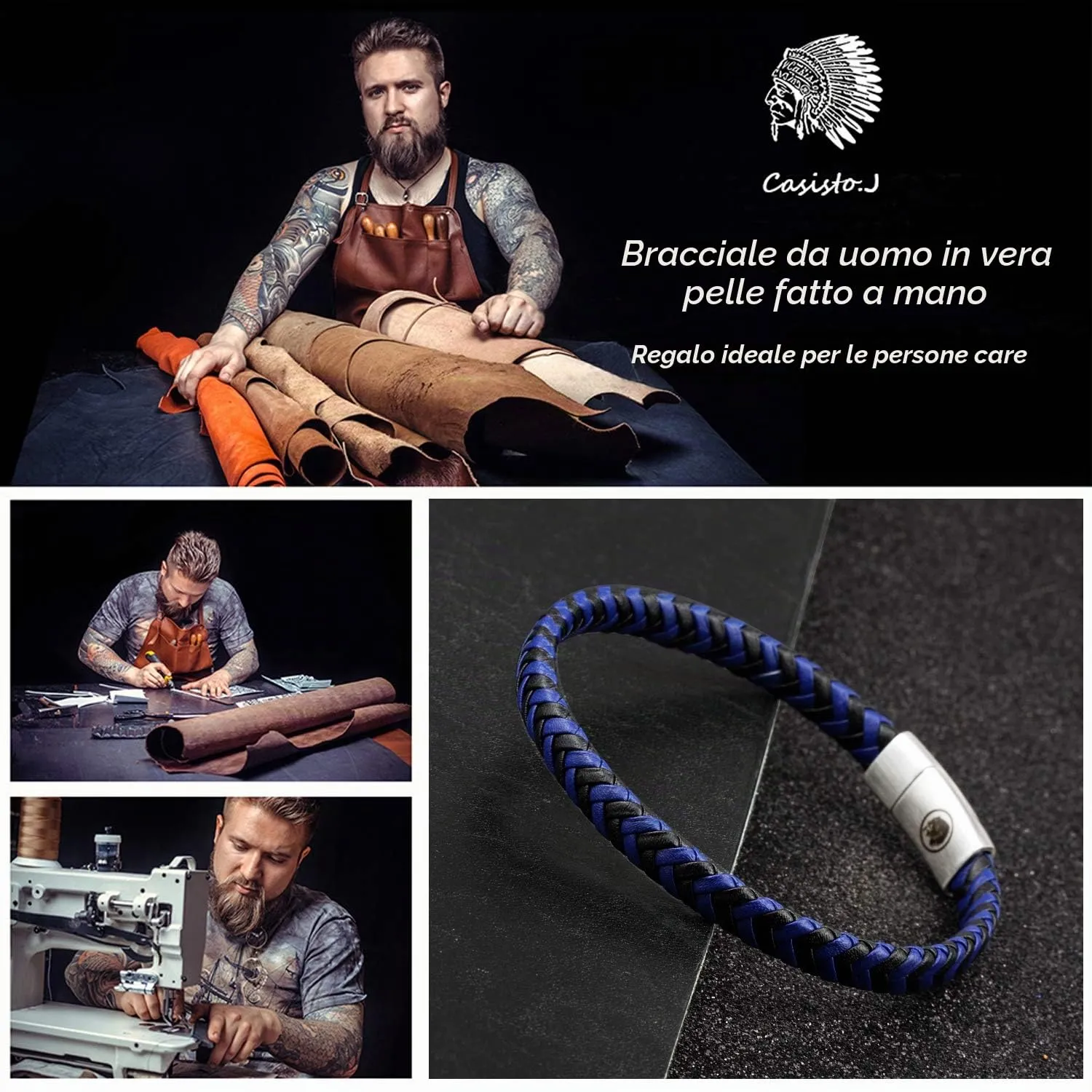 Casisto.J Bracciale pelle uomo - classico bracciale intrecciato a mano nero e marrone magnetica incisa braccialetto uomo con confezione regalo - immagine 2