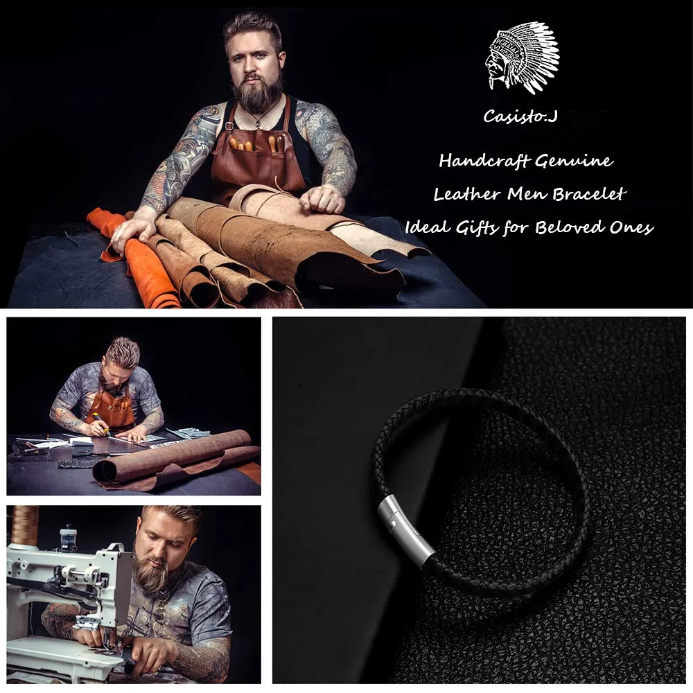 Casisto.J Bracciale pelle uomo - classico bracciale intrecciato a mano nero e marrone magnetica incisa braccialetto uomo con confezione regalo - immagine 2