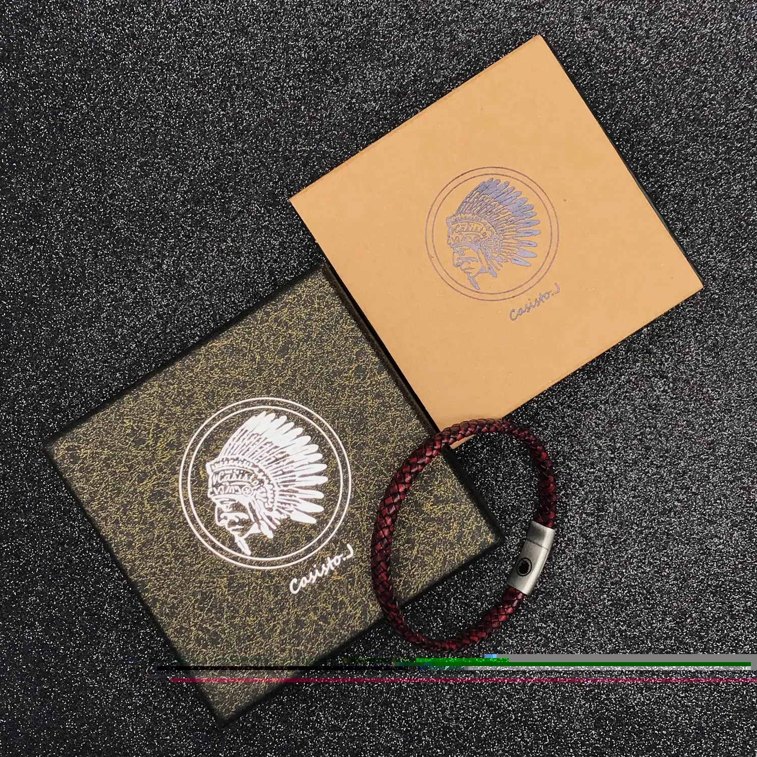 Casisto.J Bracciale pelle uomo - classico bracciale intrecciato a mano nero e marrone magnetica incisa braccialetto uomo con confezione regalo - immagine 7