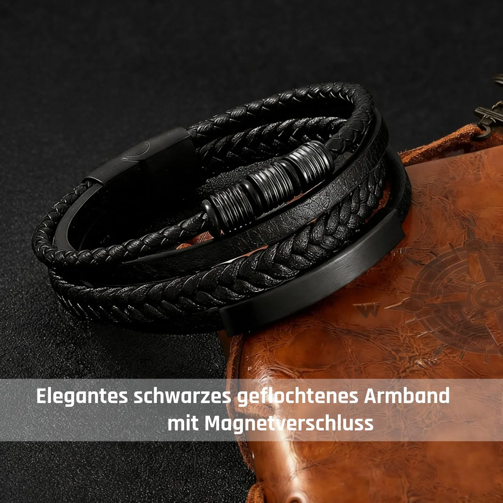Gkmamrg Bracciale da uomo in pelle nera con cinturino in pelle Braccialetto intrecciata, in vera pelle intrecciata 22.5cm (Rétro) - immagine 3