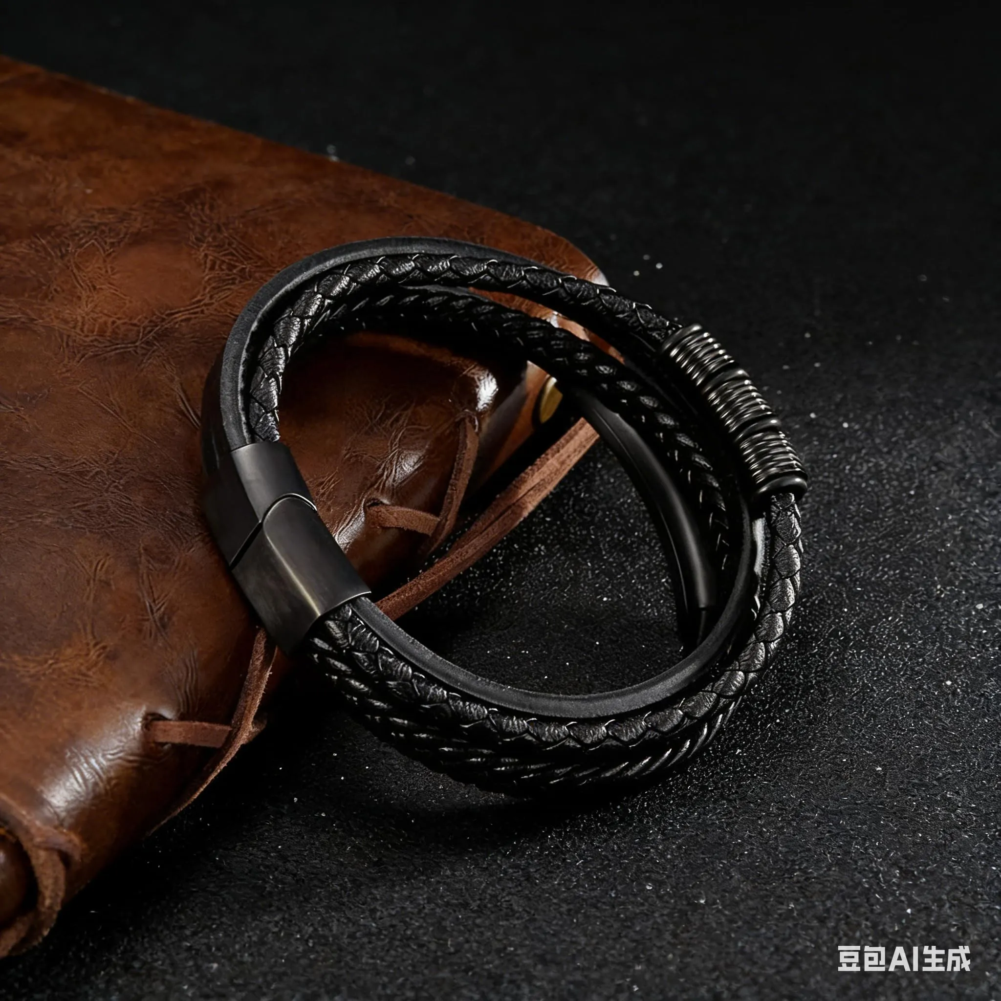 Gkmamrg Bracciale da uomo in pelle nera con cinturino in pelle Braccialetto intrecciata, in vera pelle intrecciata 22.5cm (Rétro) - immagine 4