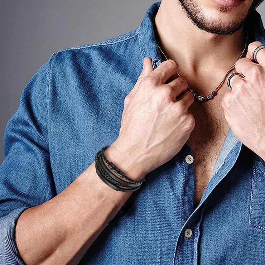 Gkmamrg Bracciale da uomo in pelle nera con cinturino in pelle Braccialetto intrecciata, in vera pelle intrecciata 22.5cm (Rétro) - immagine 7