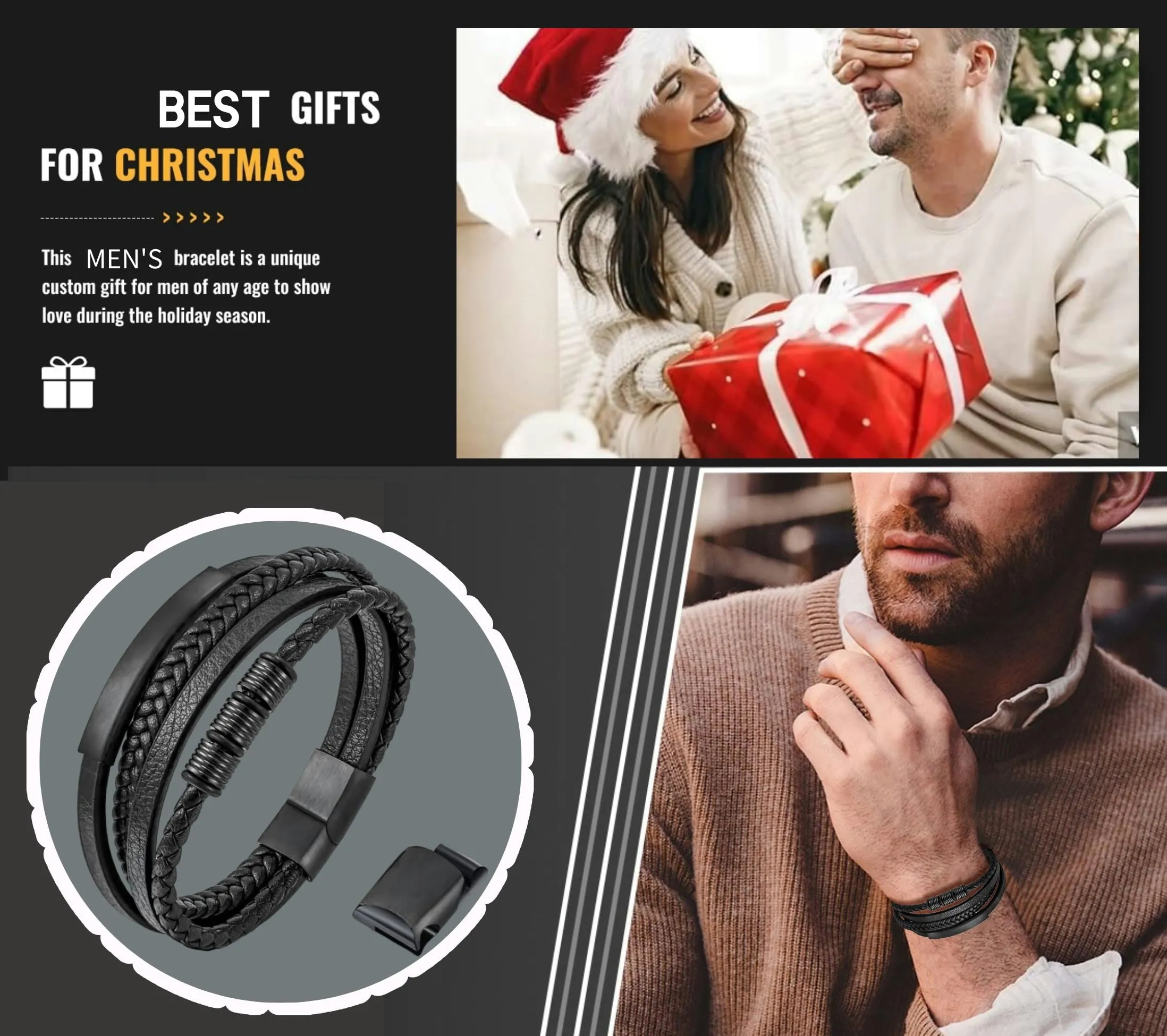 Gkmamrg Bracciale da uomo in pelle nera con cinturino in pelle Braccialetto intrecciata, in vera pelle intrecciata 22.5cm (Rétro) - immagine 9
