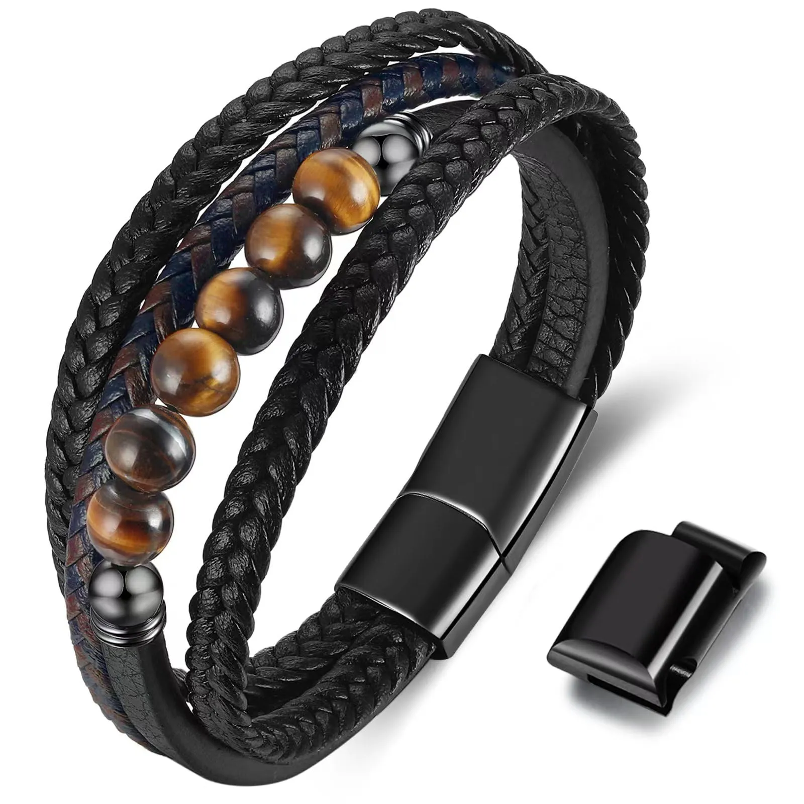 Gkmamrg Bracciale da uomo in pelle nera con cinturino in pelle Braccialetto intrecciata, in vera pelle intrecciata 22.5cm (Bohémien) - immagine 1