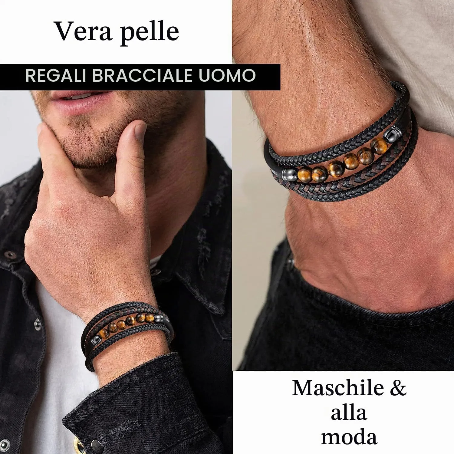 Gkmamrg Bracciale da uomo in pelle nera con cinturino in pelle Braccialetto intrecciata, in vera pelle intrecciata 22.5cm (Bohémien) - immagine 2